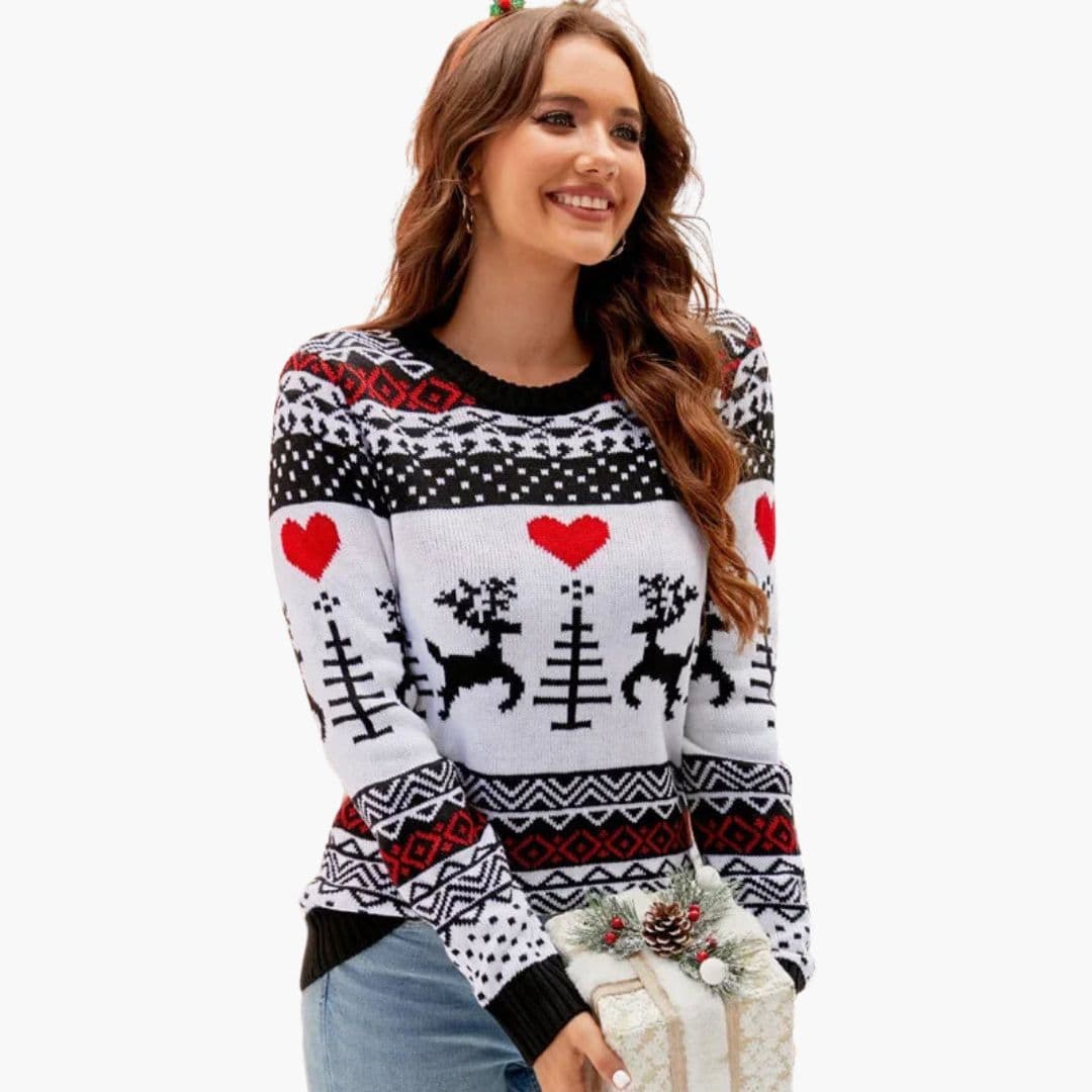 Women's polar fleece pullover moose pattern round neck ribbed cuffs cozy woodland knit winter sweater
