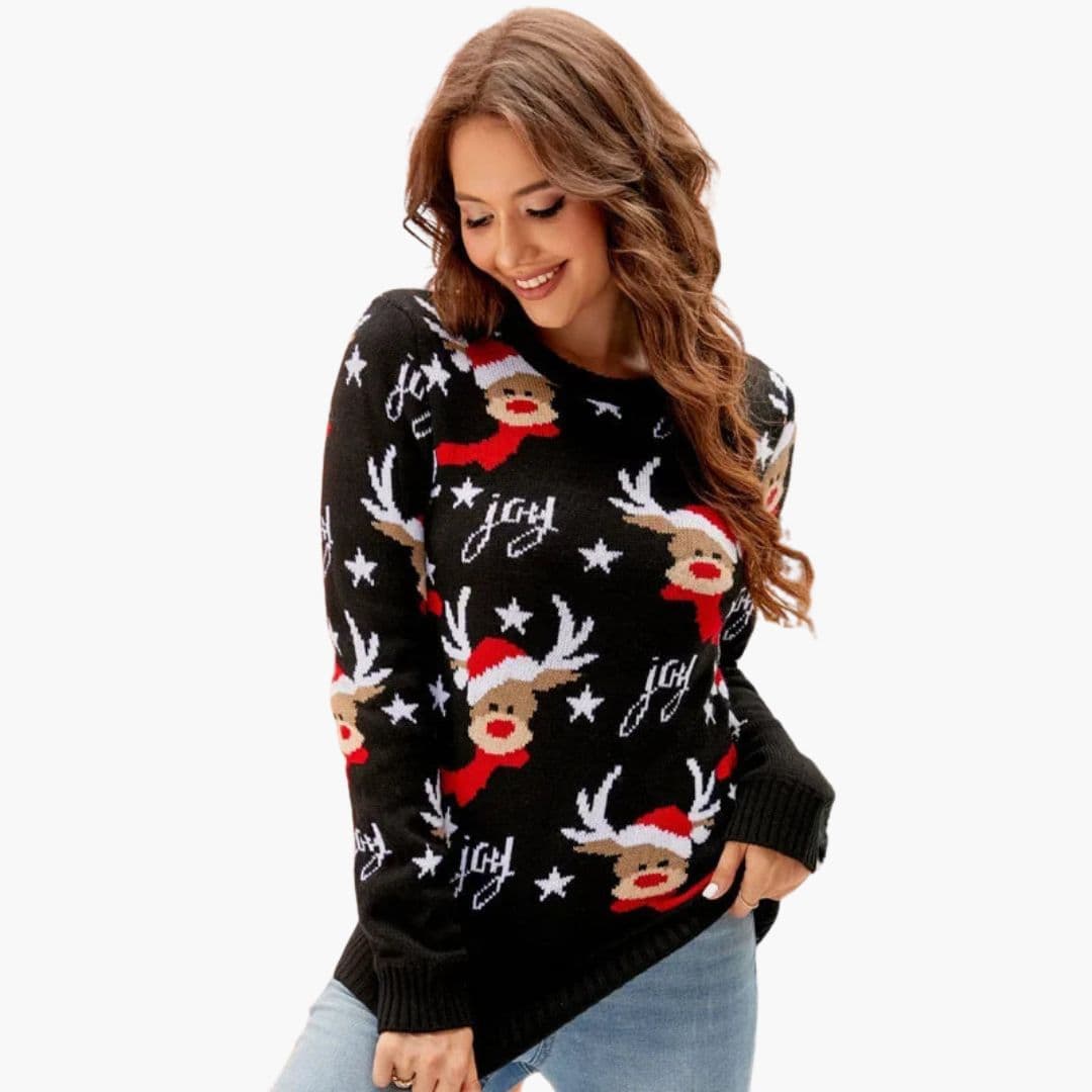 Women's polar fleece pullover with moose pattern, round neck, ribbed cuffs, cozy woodland knit