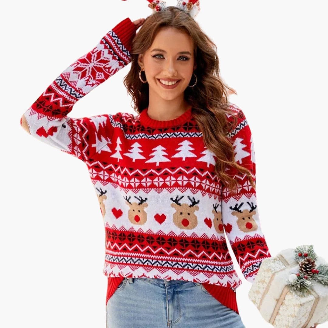 Women's polar fleece pullover with moose pattern, cozy round neck knit with ribbed cuffs