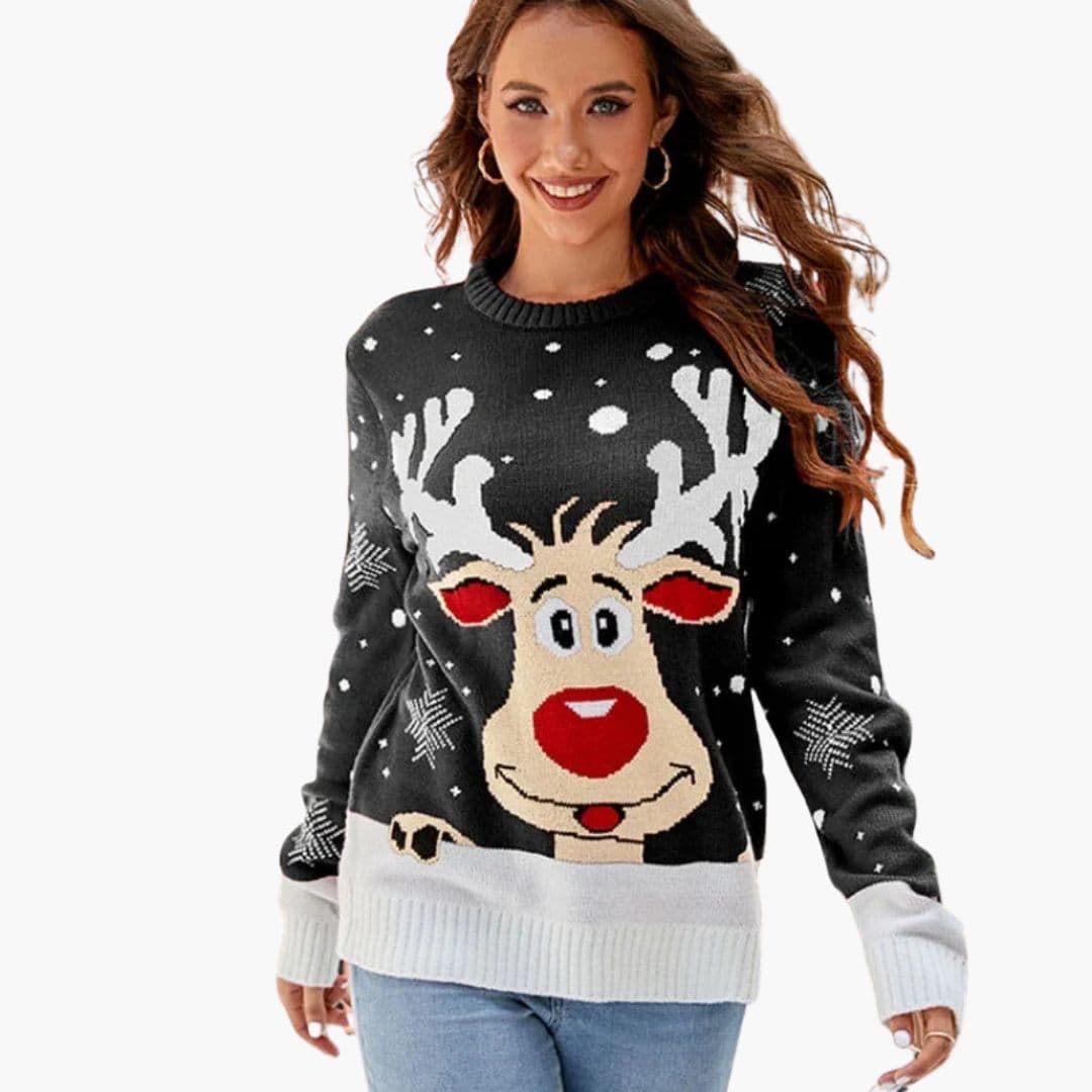 Women's polar fleece pullover moose pattern round neck ribbed cuffs cozy woodland knit winter sweater