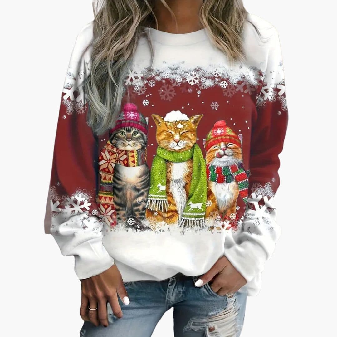 Women's cozy round neck knit pullover sweater with all-over cat and snowflake pattern, soft winter style