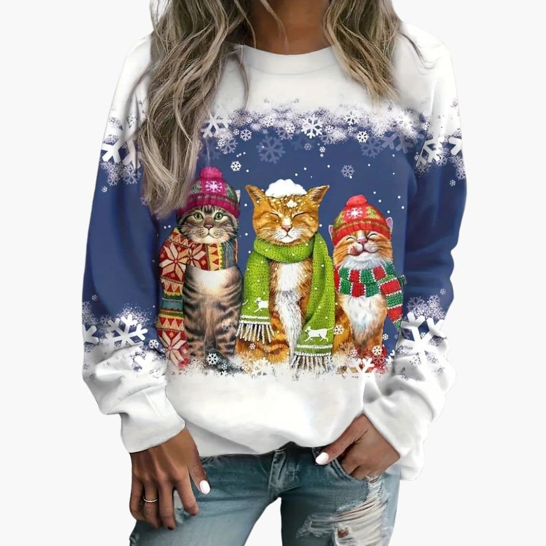 Women's cozy cat pattern knit pullover sweater round neck all-over snowflake motif soft winter