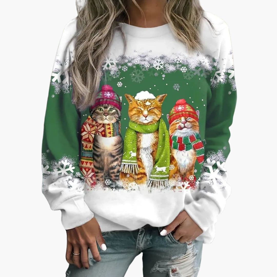 Women's cozy round neck knit pullover sweater with all-over cat and snowflake pattern for winter