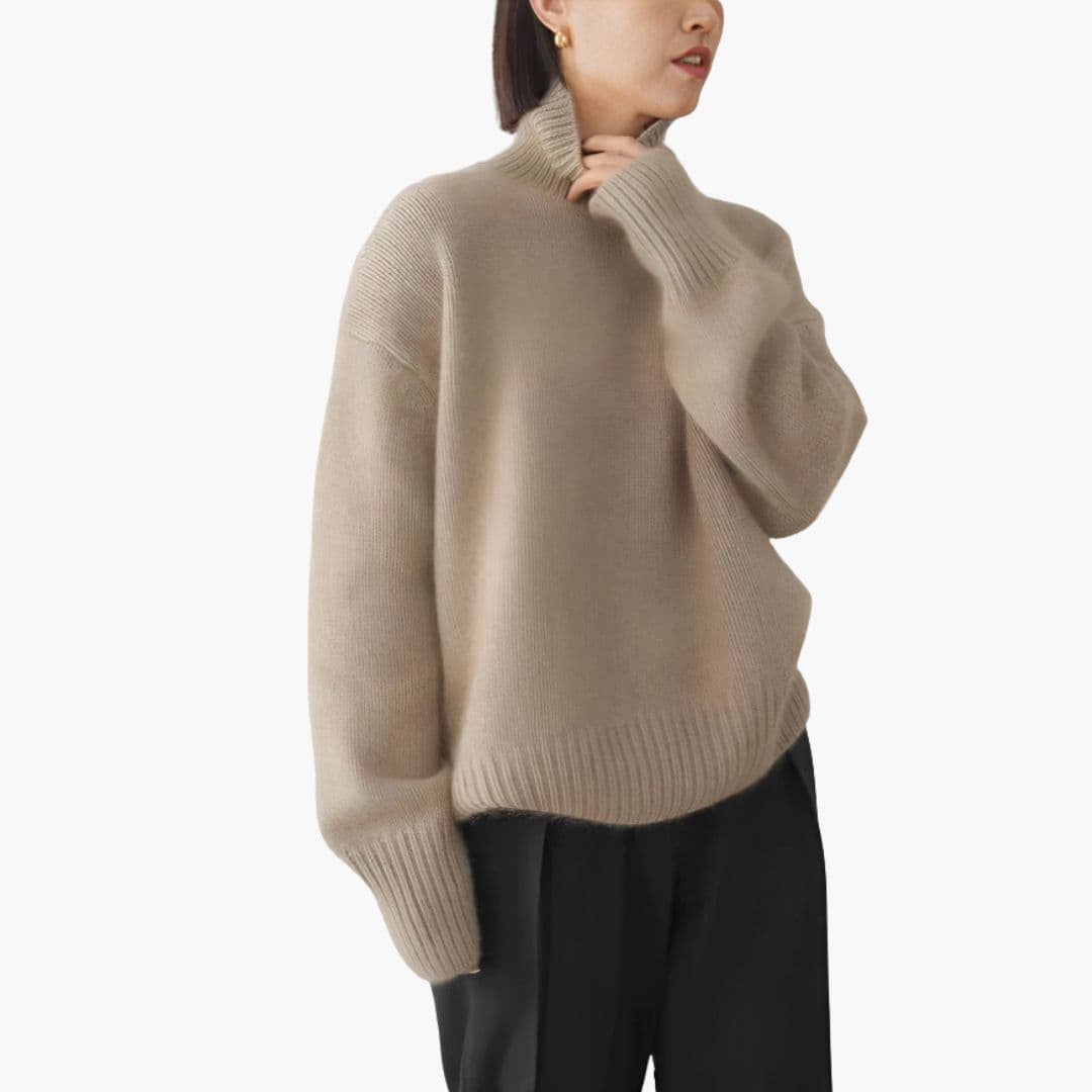 Women's ribbed turtleneck sweater dropped shoulders cozy relaxed knit versatile everyday layering