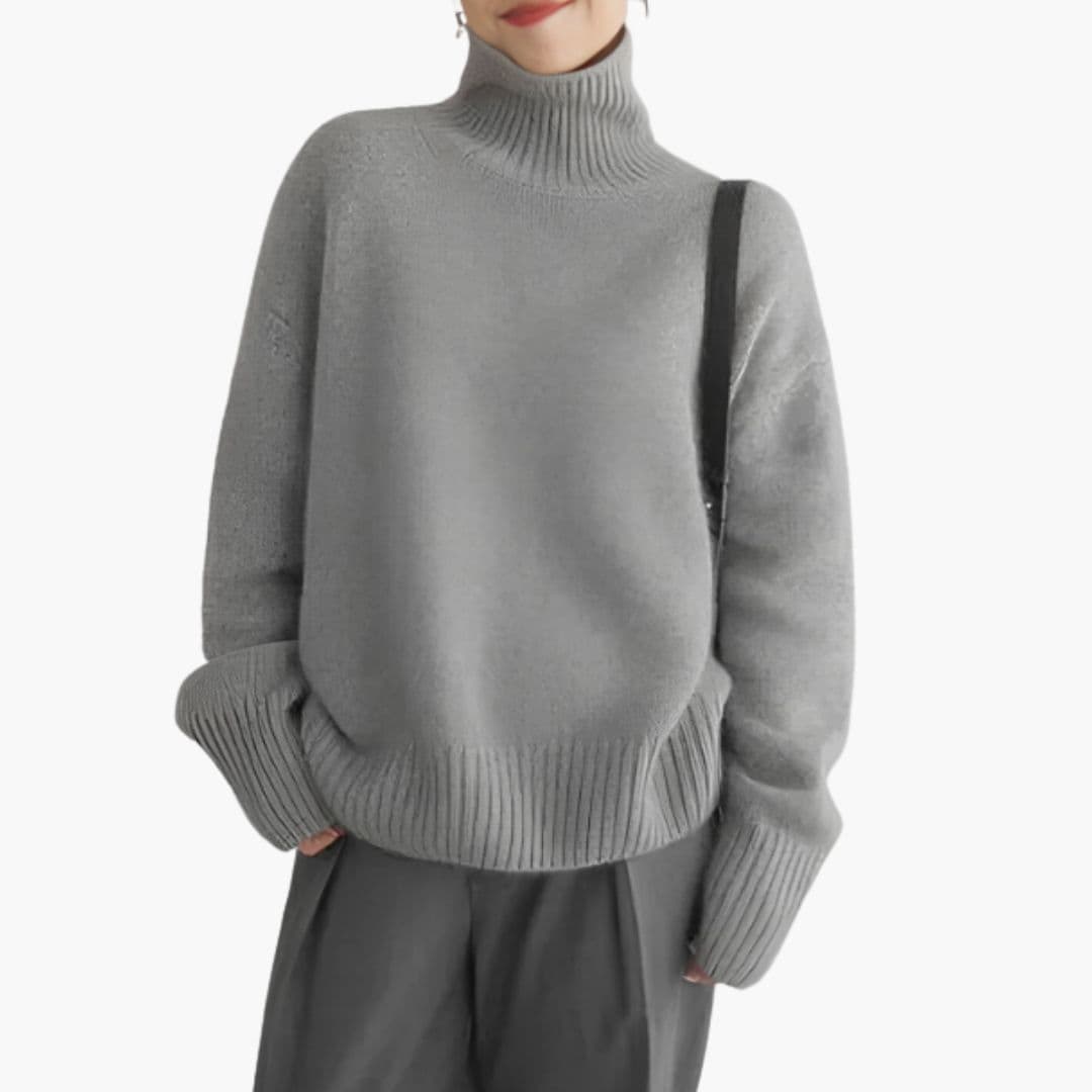 Women's ribbed turtleneck sweater dropped shoulders cozy relaxed knit everyday layering essential