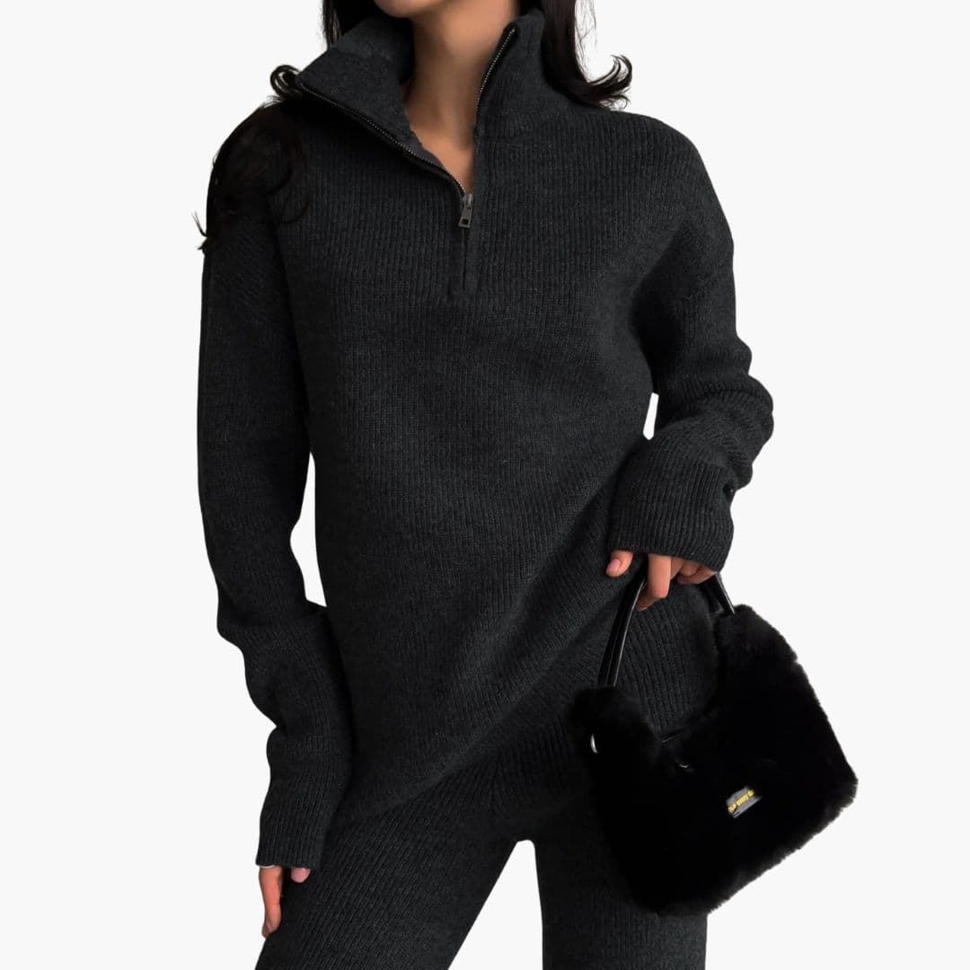 Women's ribbed mock neck pullover sweater with front zip, straight cut, cozy textured knit