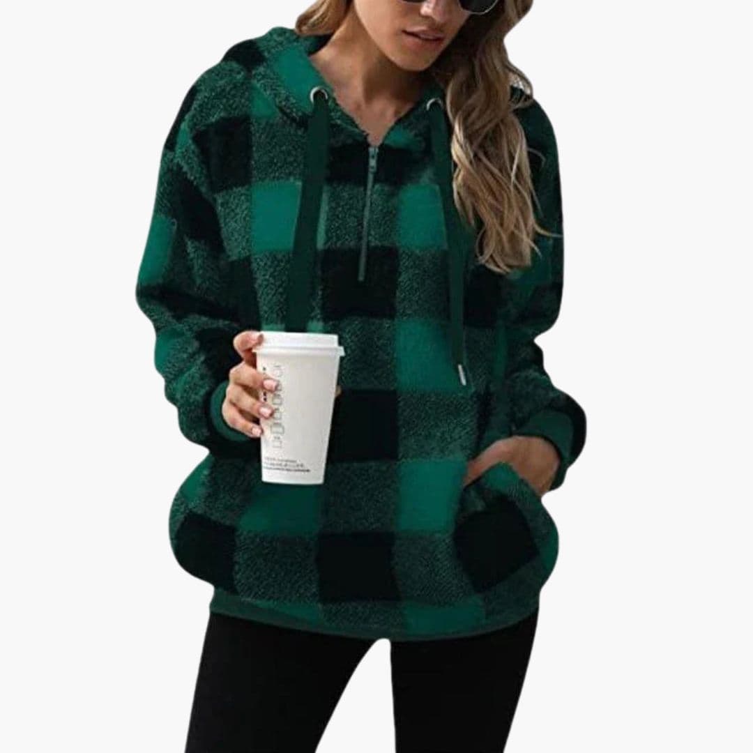 Women's beige check half-zip hooded sweater with kangaroo pocket, cozy casual winter top