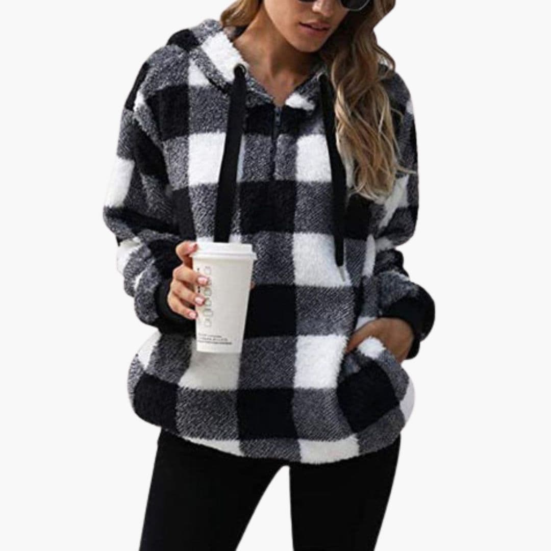 Women's cozy check pattern half-zip hooded sweater with kangaroo pocket, versatile winter top