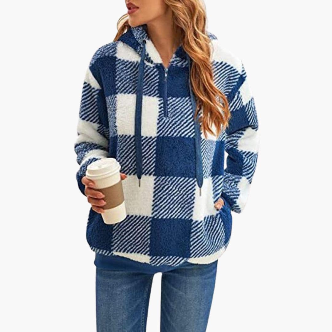 Women's beige check half-zip hooded sweater with kangaroo pocket, cozy casual winter top