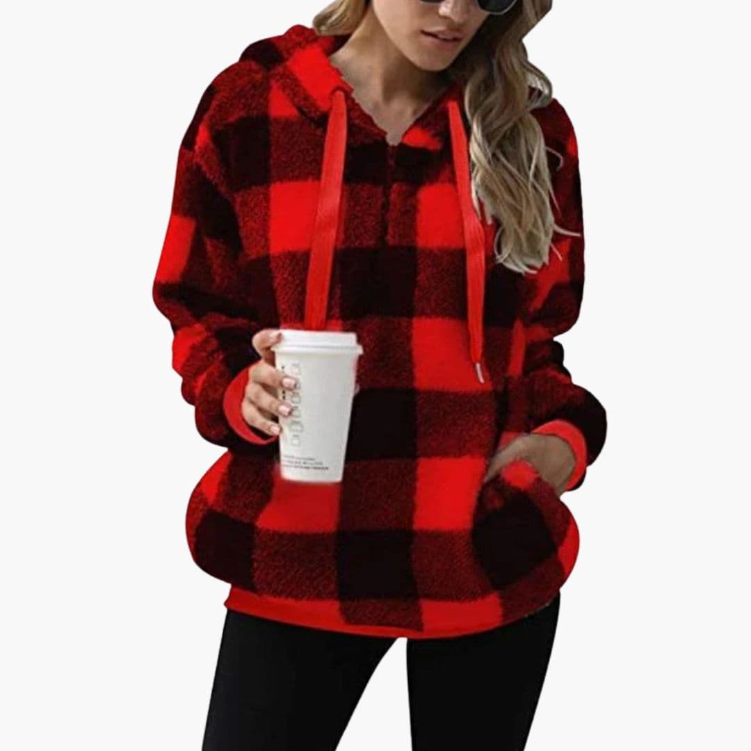 Women's cozy check pattern half-zip hoodie sweater with kangaroo pocket, versatile winter top