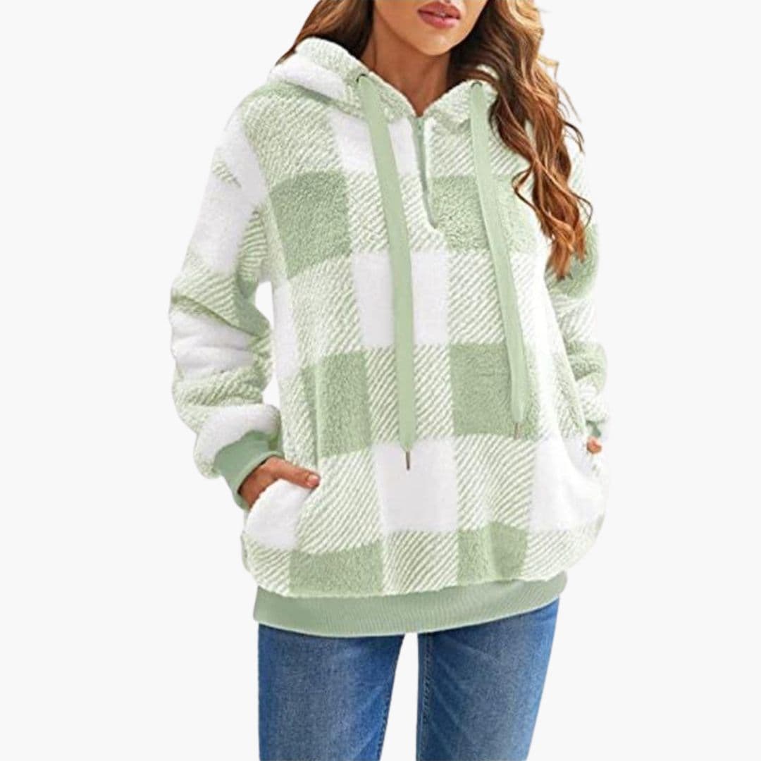 Women's cozy check pattern half-zip hooded sweater with kangaroo pocket, versatile winter top