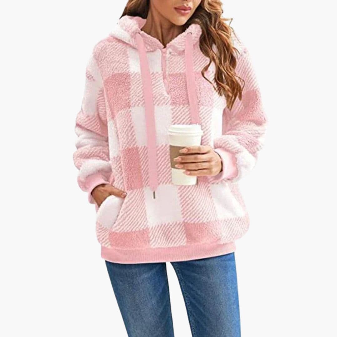 Women's half-zip hooded sweater cozy check pattern kangaroo pocket versatile winter pullover top