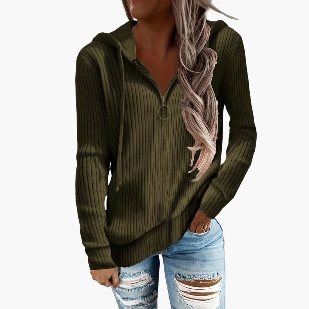 Women's ribbed knit hoodie sweater with high collar, front zip closure, cozy layered fit