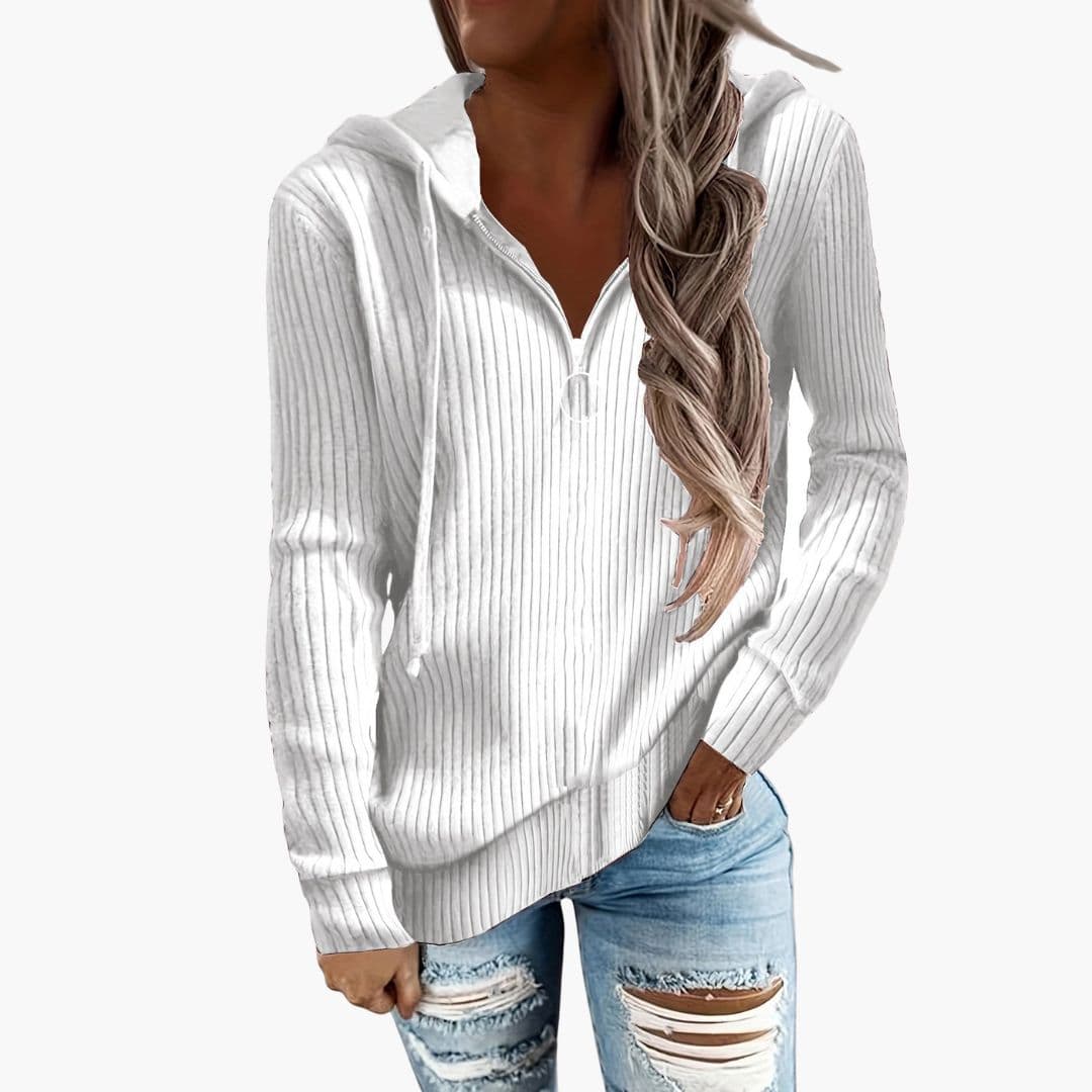 Women's ribbed knit sweater with high collar, integrated hood, and front zip closure for cozy layering