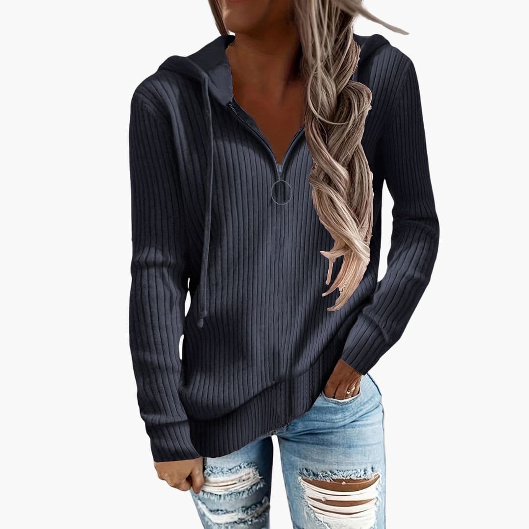 Women's ribbed knit hoodie sweater with high collar, front zip closure, cozy layered style