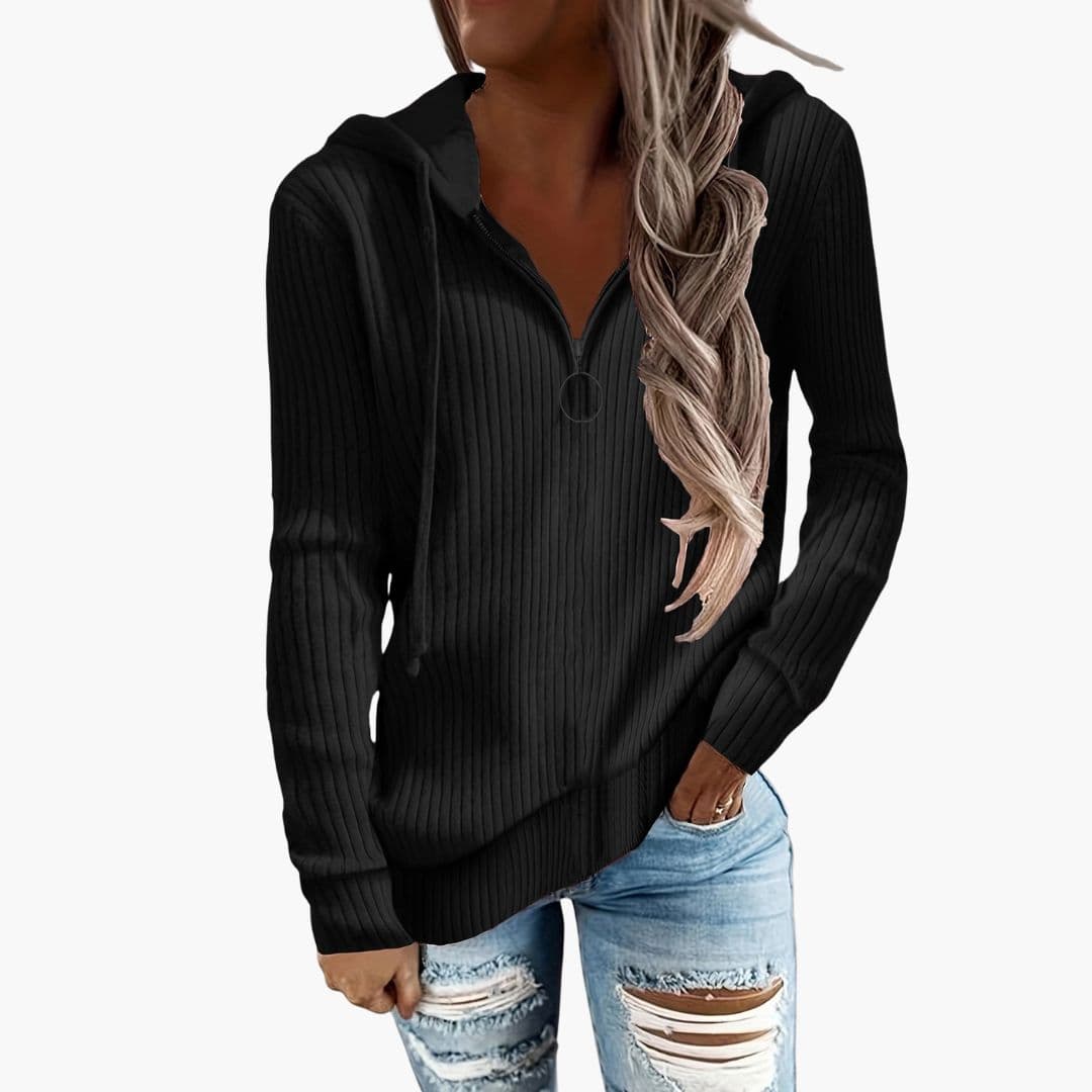 Women's ribbed knit sweater with hood, high collar, front zip closure, cozy layered style