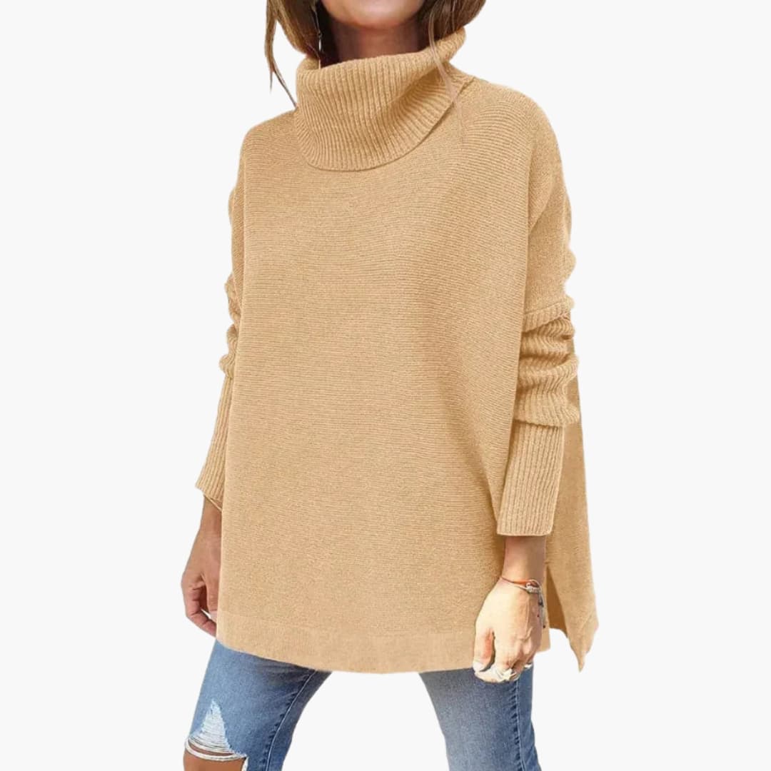 Women's ribbed knit turtleneck sweater, long sleeves, cozy slip-on design, versatile everyday layering piece