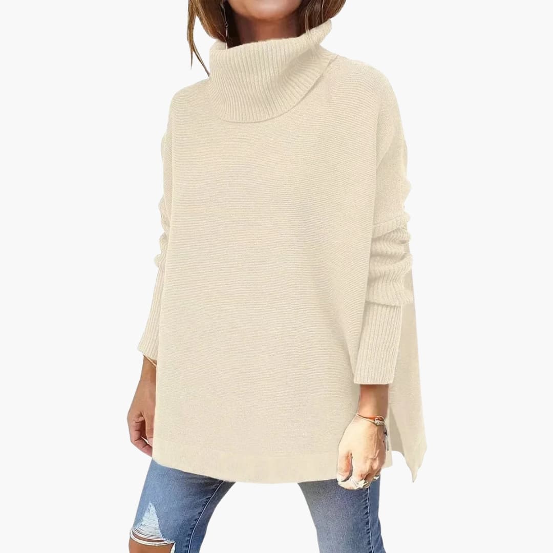 Women's ribbed knit turtleneck sweater, long sleeves, cozy slip-on design for effortless layering
