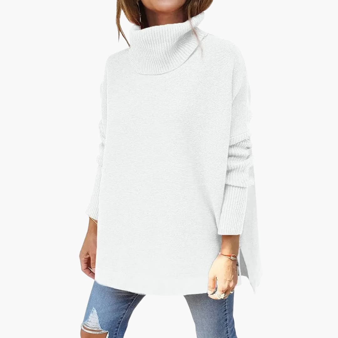 Women's ribbed knit turtleneck sweater, long sleeves, cozy slip-on design, versatile everyday layering piece