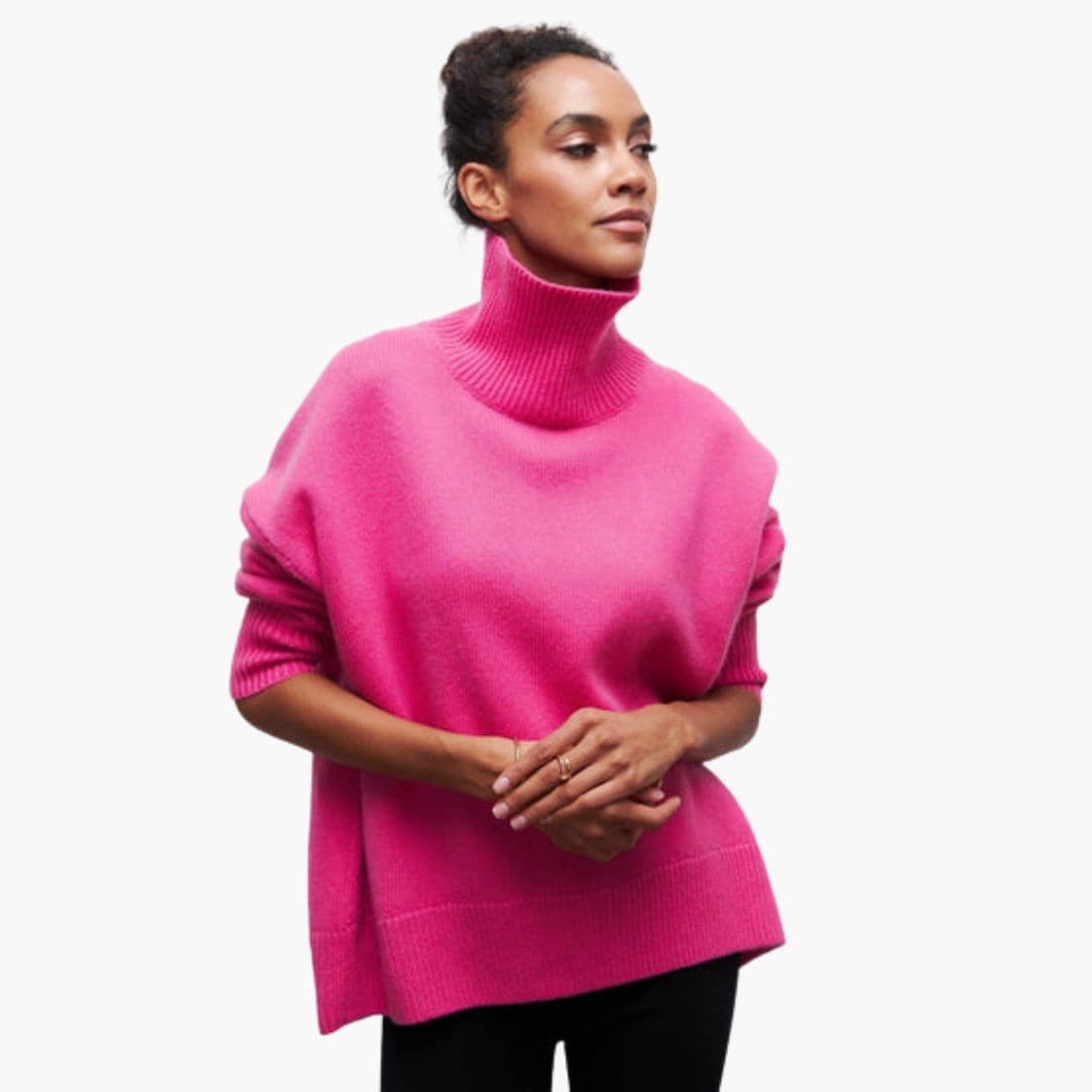 Women's loose fit ribbed turtleneck knit sweater, cozy everyday style with ribbed hem detailing