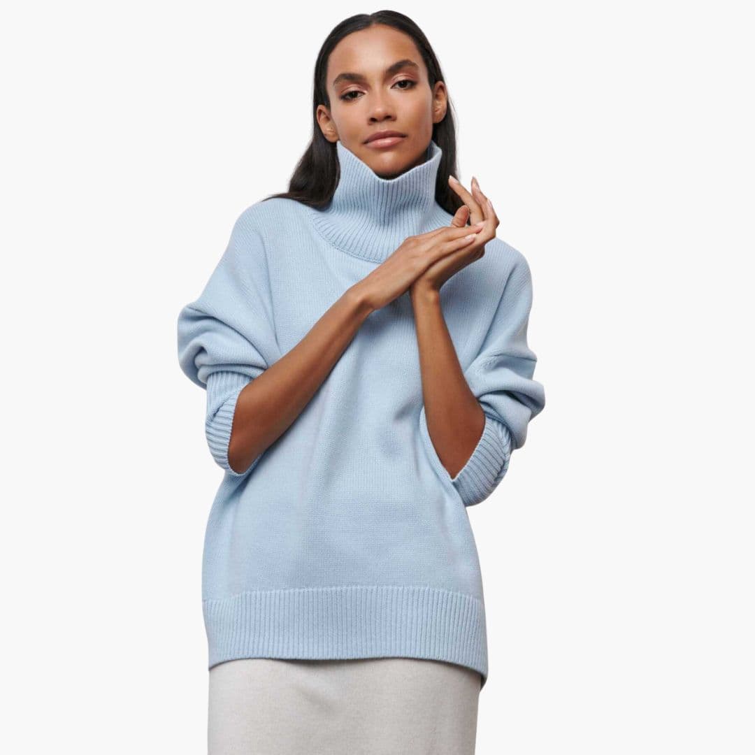 Women's ribbed turtleneck knit sweater cozy loose fit solid color everyday layering essential