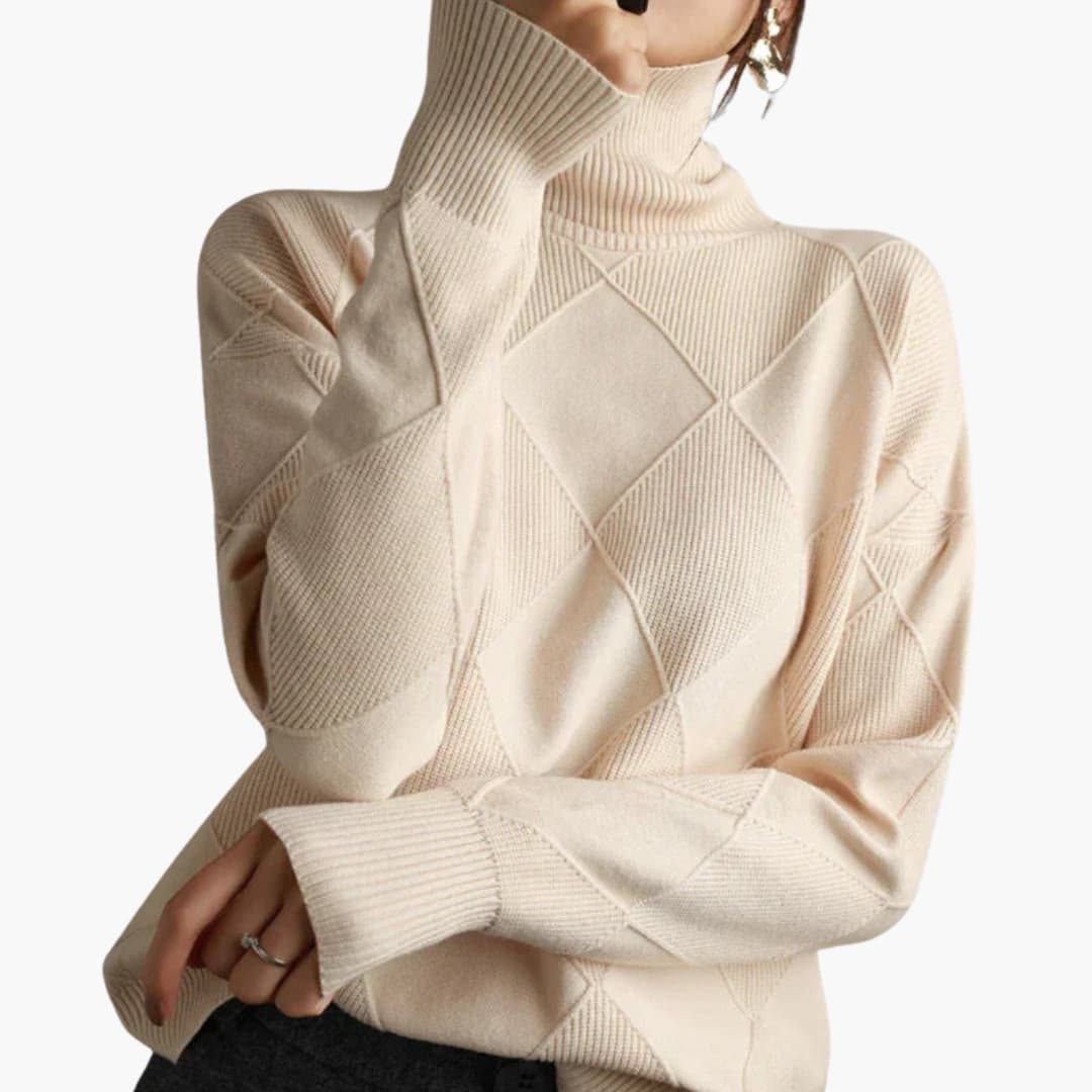 Women's cream knitted turtleneck sweater geometric pattern ribbed detail cozy cold-weather layering