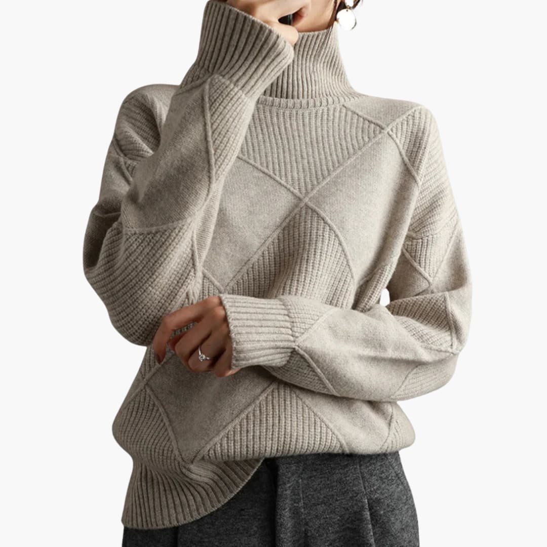 Women's beige knitted turtleneck sweater geometric pattern ribbed texture cozy cold weather layering