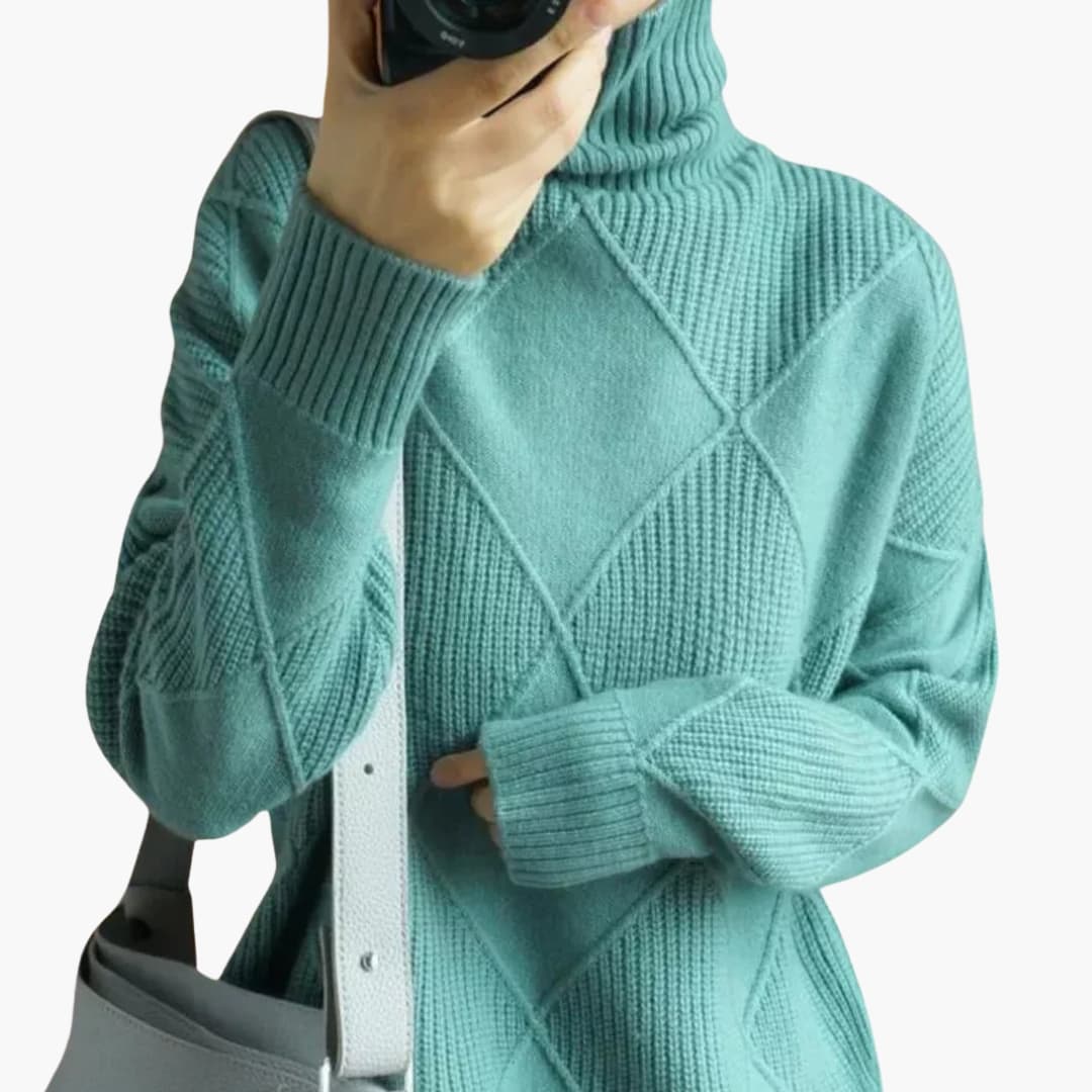Women's gray knitted turtleneck sweater geometric pattern ribbed details cozy cold-weather layering