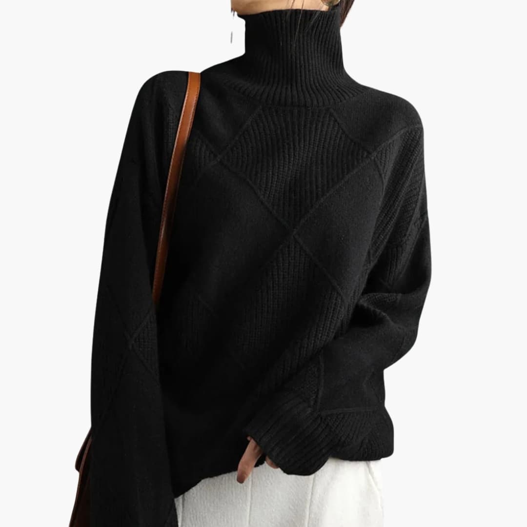 Women's cream knitted turtleneck sweater with geometric pattern, ribbed texture, cozy cold-weather layering