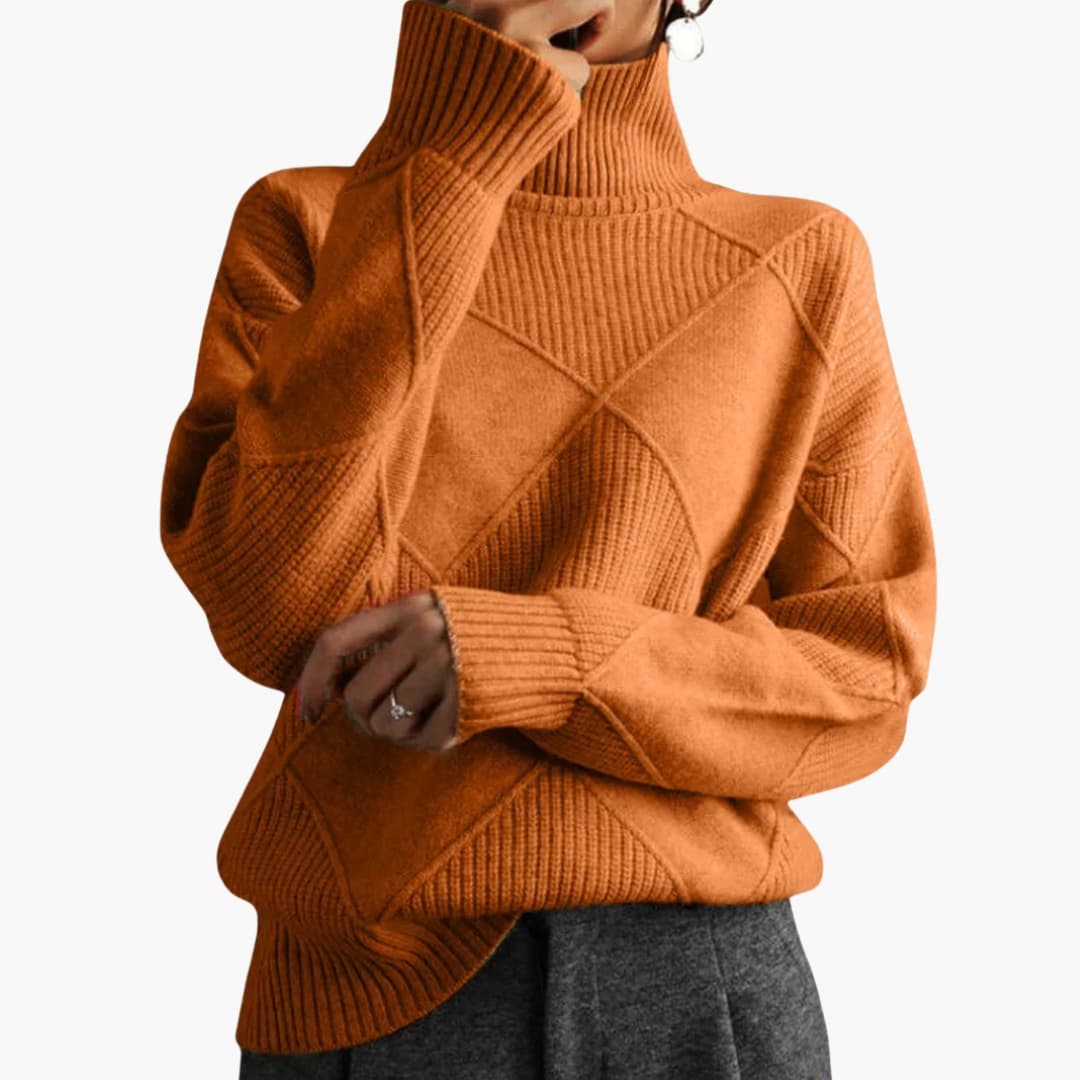 Women's beige knitted turtleneck sweater geometric pattern ribbed cozy cold-weather layering