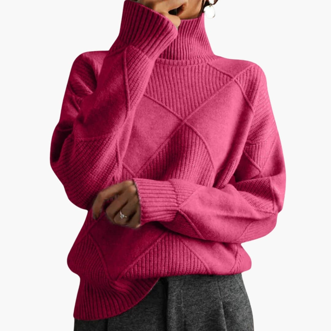 Women's beige knitted turtleneck sweater geometric pattern ribbed cozy cold-weather layering piece
