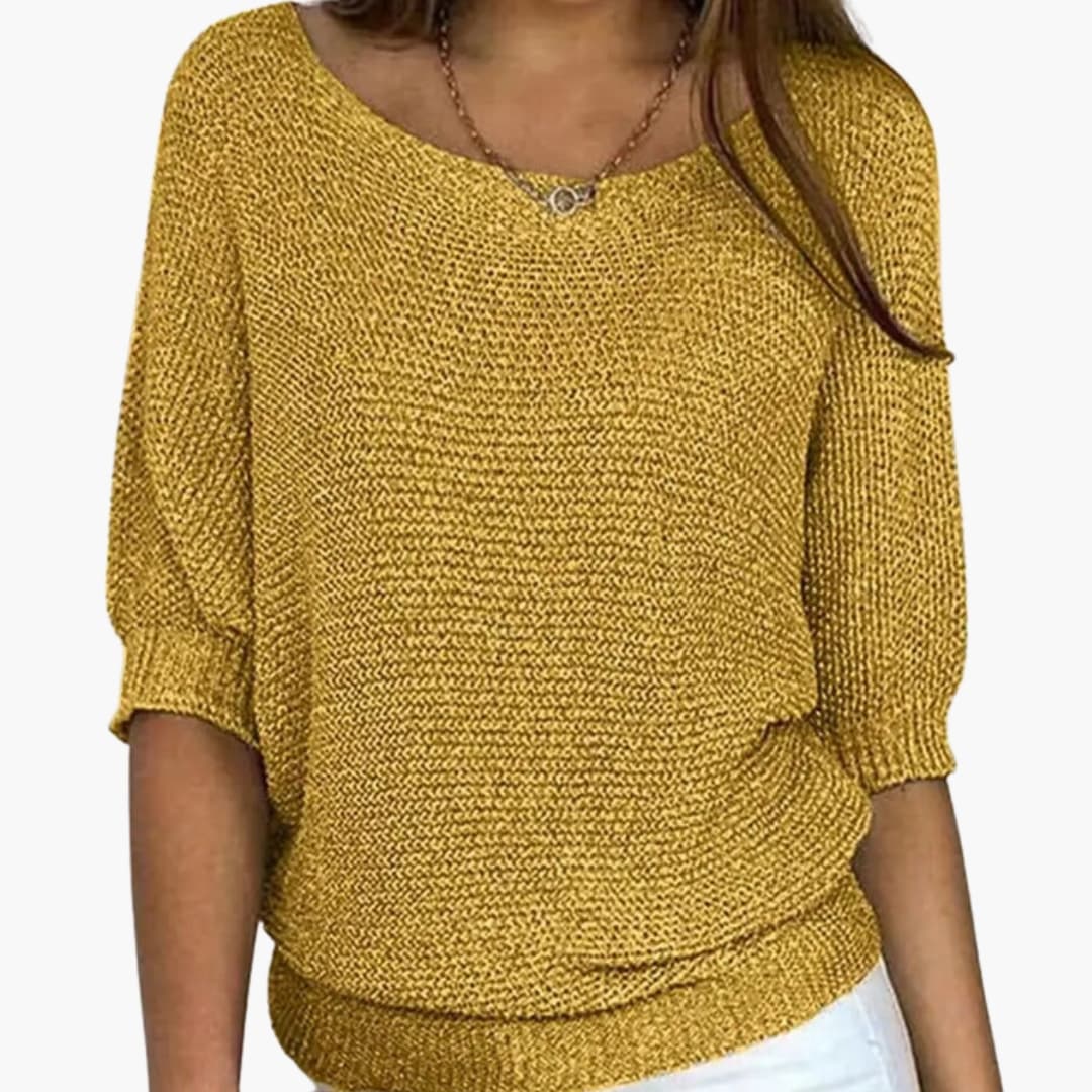 Women's fine knit sweater round neck 3/4 sleeves lightweight mid-season everyday layering style
