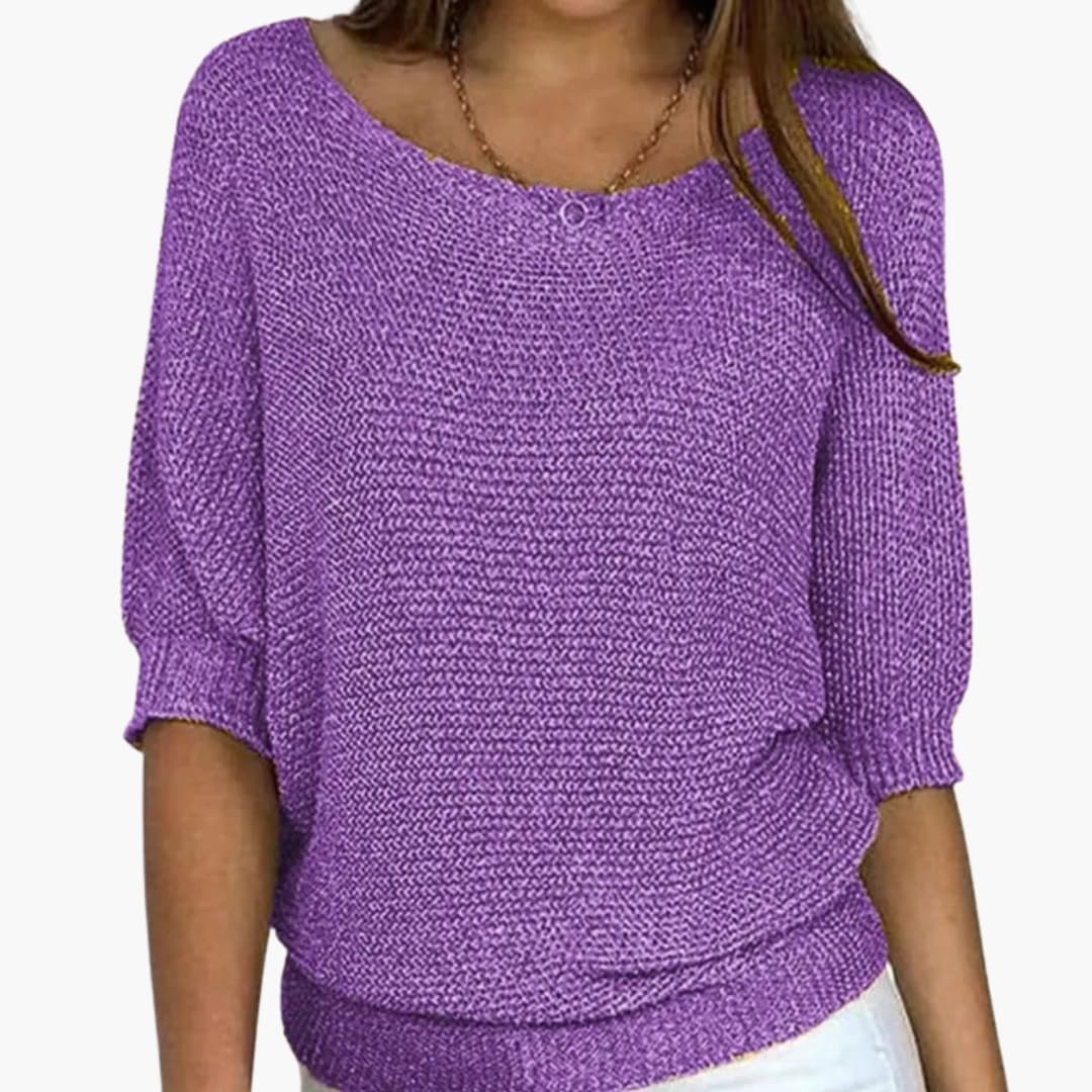 Women's fine knit sweater round neck 3/4 sleeves lightweight mid-season everyday layering essential