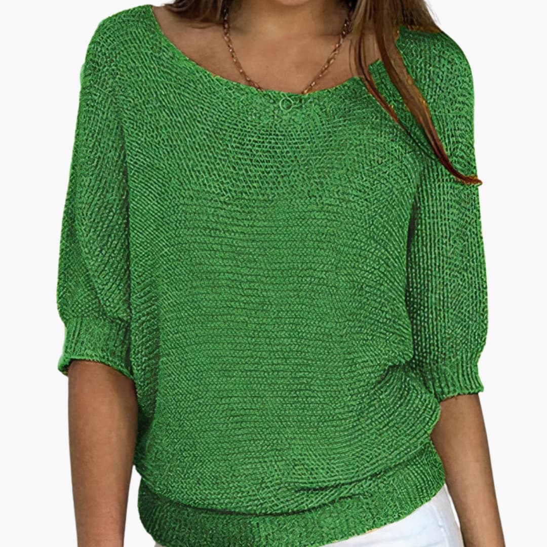 Women's fine knit sweater round neck 3/4 sleeves lightweight mid-season everyday style essential