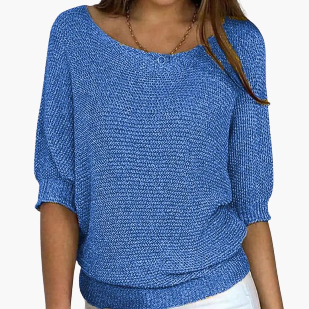Women's fine knit sweater round neck 3/4 sleeves lightweight mid-season versatile everyday style