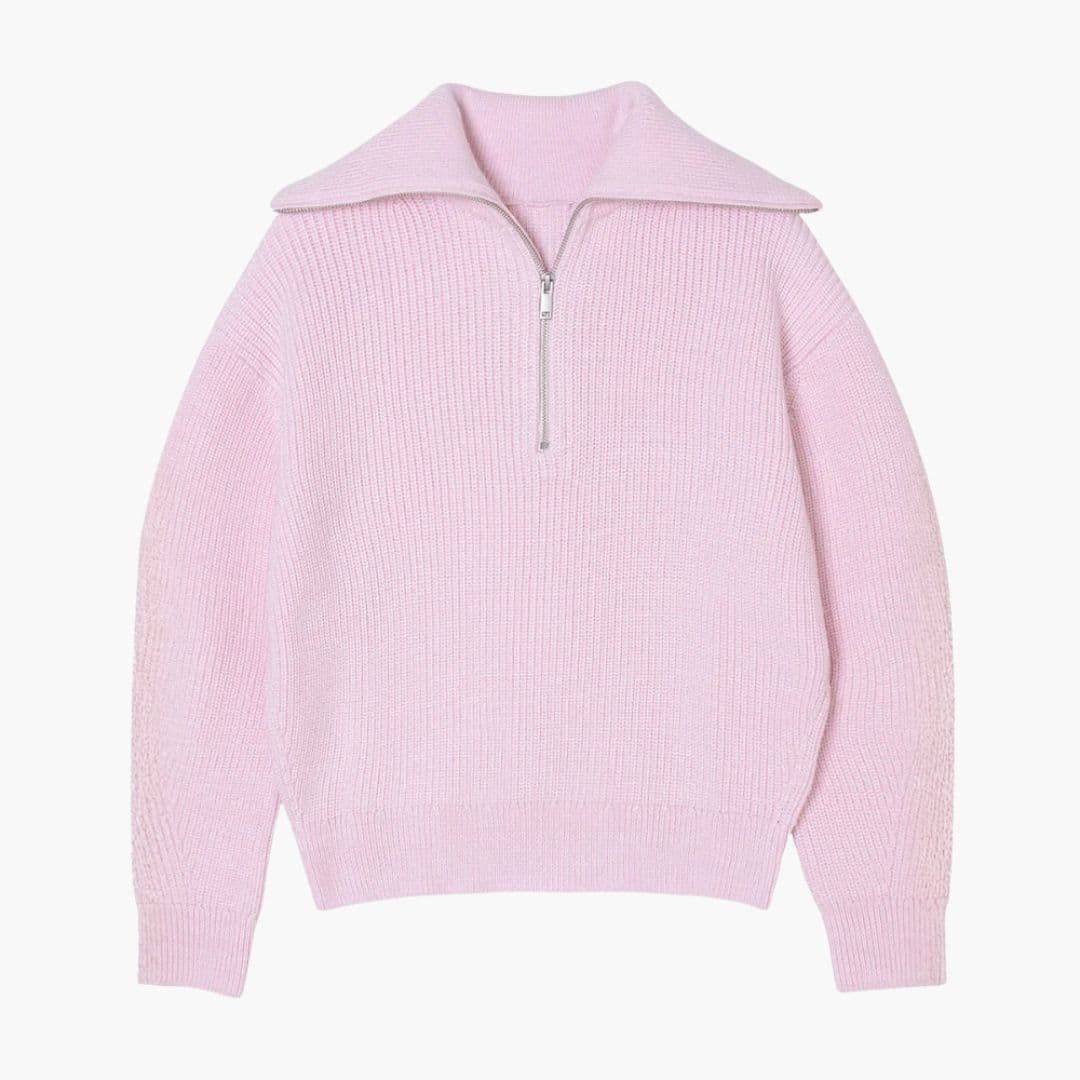 Women's striped knit sweater with front zip closure and ribbed collar, versatile fall layering piece