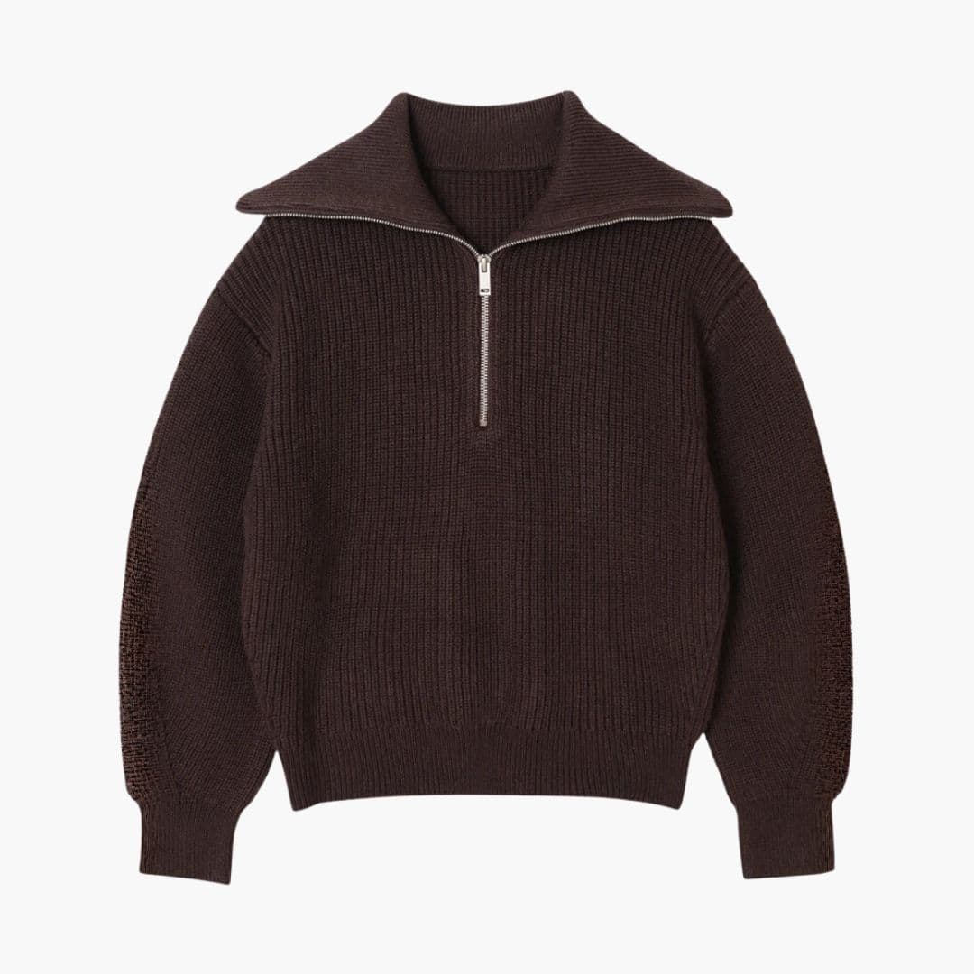 Women's striped knit sweater with zip front closure and ribbed collar, perfect for fall layering