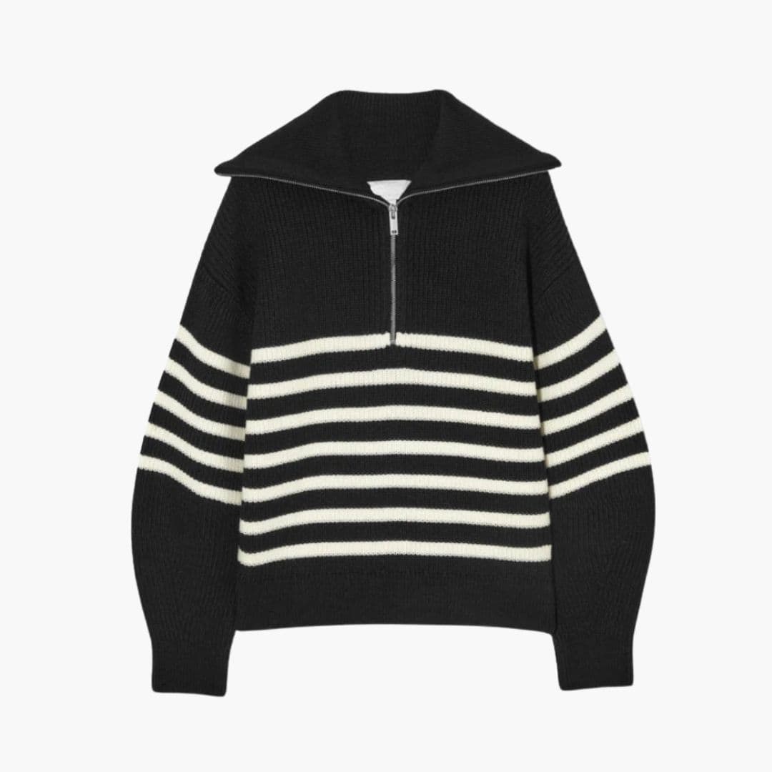 Women's striped knit sweater with front zip closure and ribbed collar, casual fall layering piece