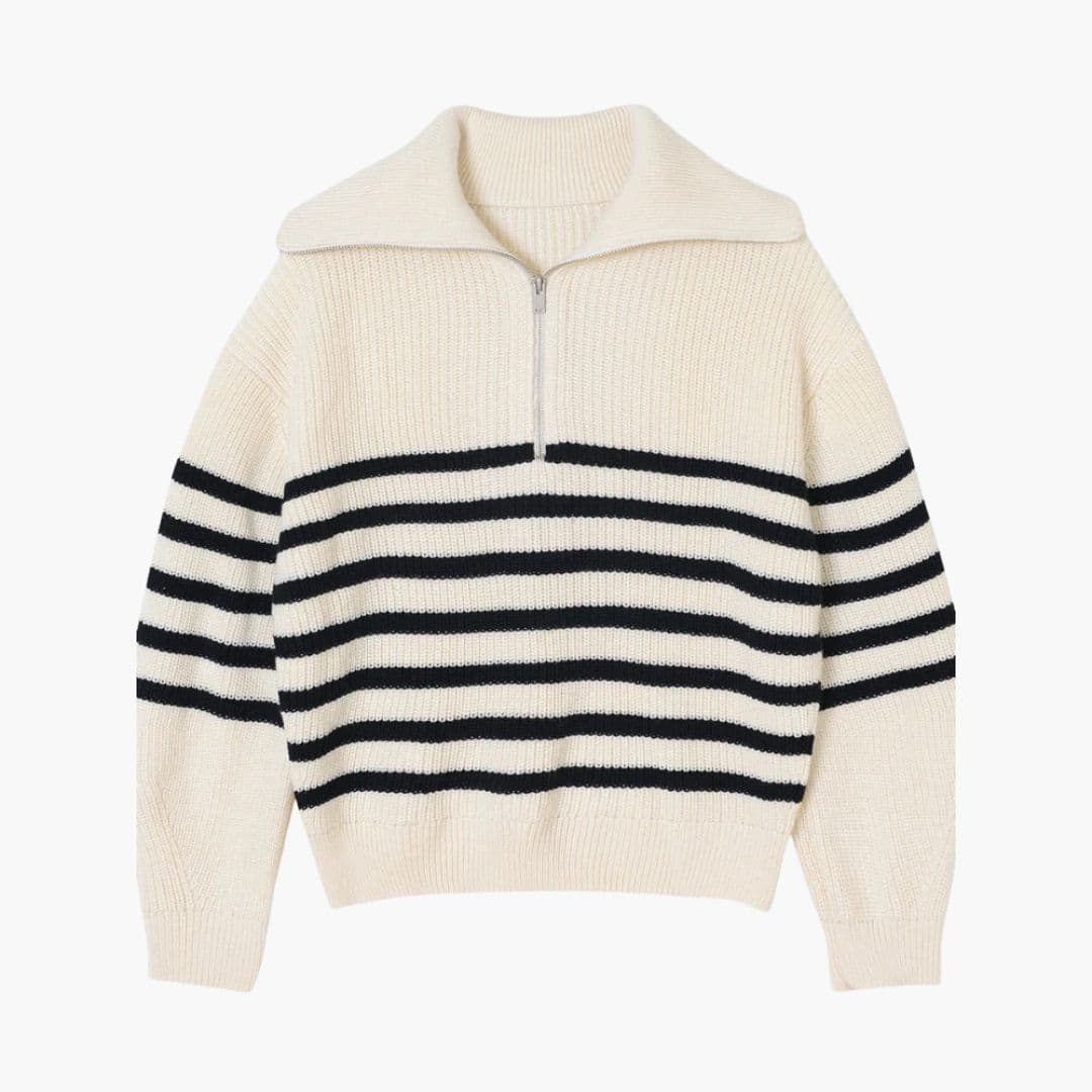Women's striped knit sweater with zip front closure and ribbed collar, versatile fall layering piece