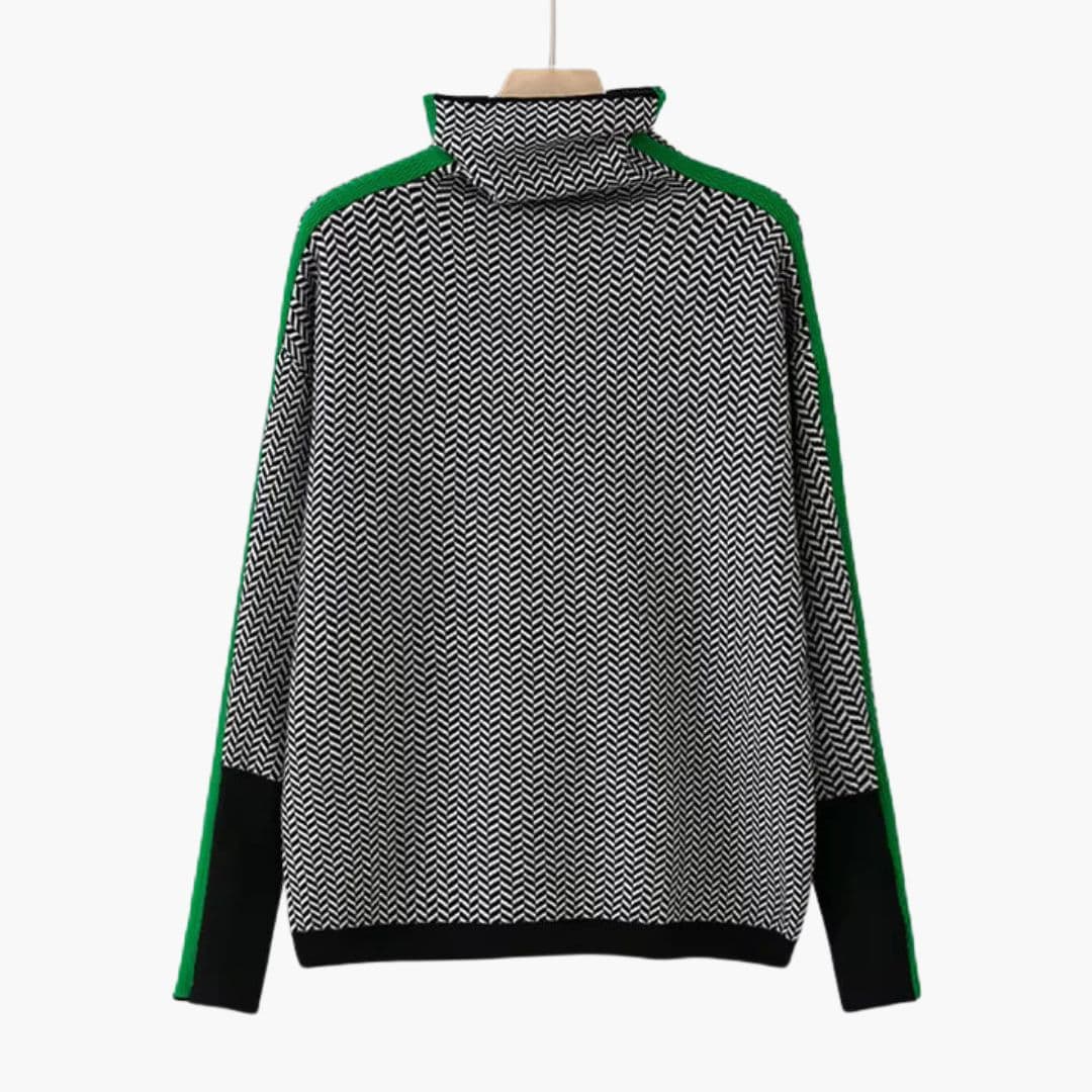 Women's chevron knit pullover sweater ribbed mock neck with contrasting finishes cozy casual style