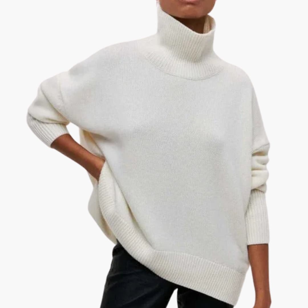 Women's oversized turtleneck sweater ribbed edges short sleeves elongated silhouette cozy knit