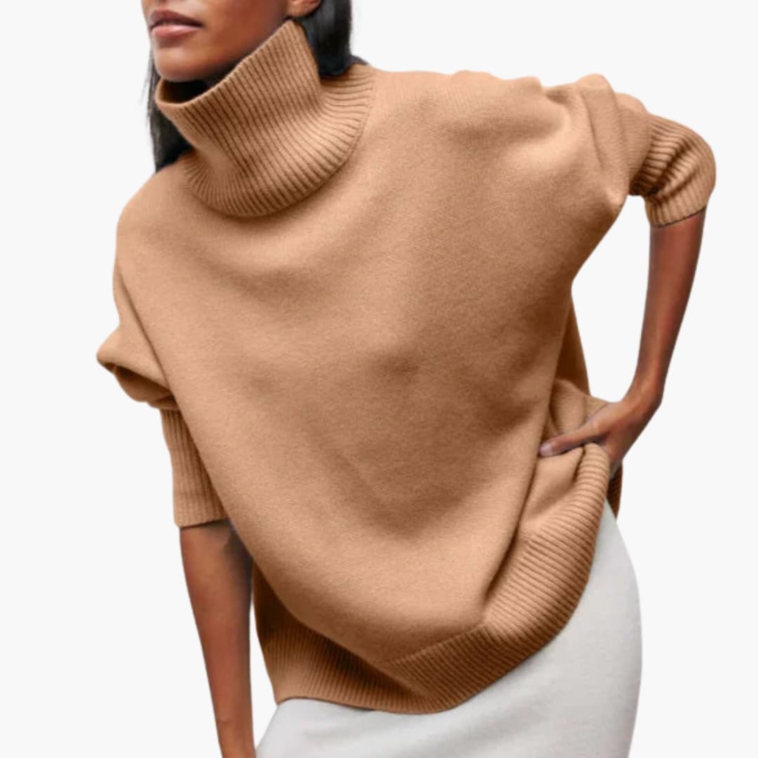 Women's oversized turtleneck sweater ribbed edges short sleeves elongated silhouette cozy knit