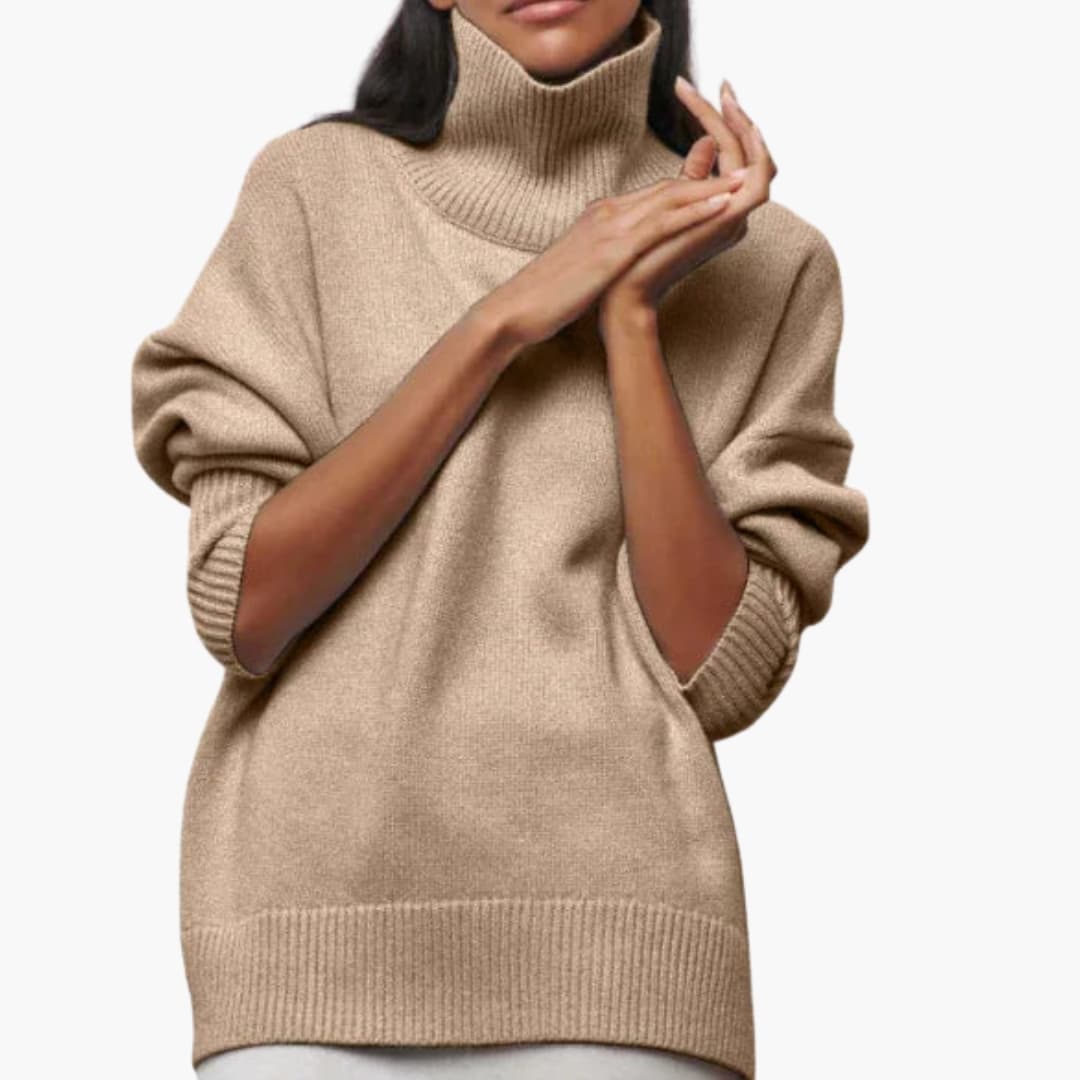 Women's oversized turtleneck sweater ribbed edges short sleeves elongated silhouette cozy knit