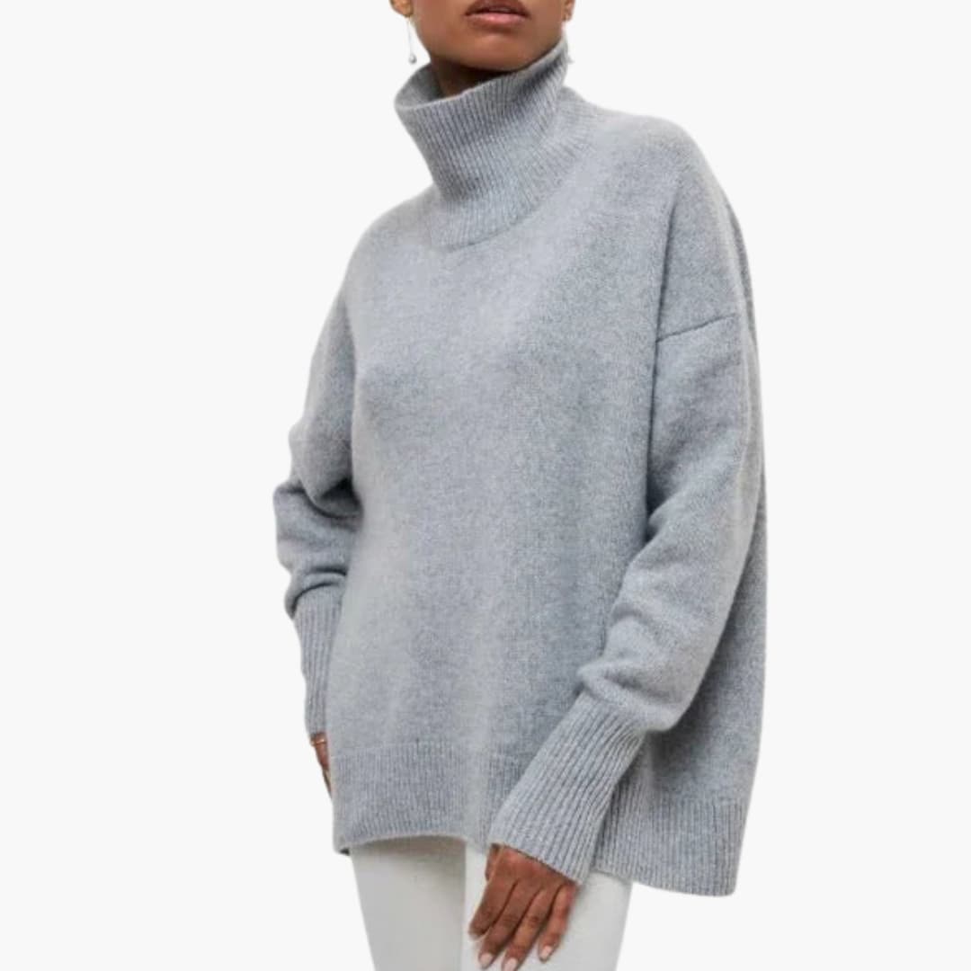 Women's oversized turtleneck sweater ribbed edges short sleeves elongated silhouette cozy knit