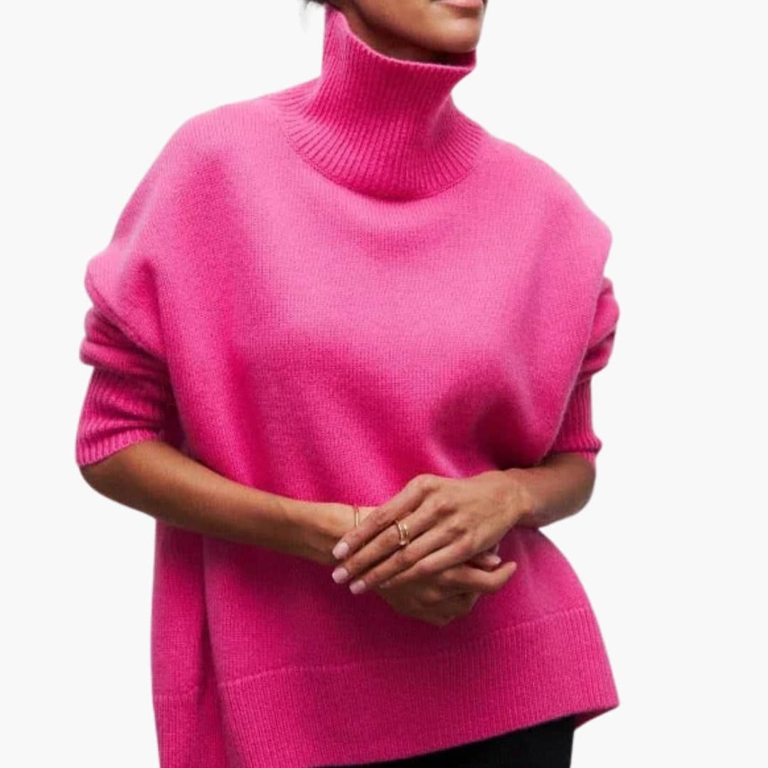 Women's oversized turtleneck sweater ribbed edges short sleeves elongated silhouette cozy knit
