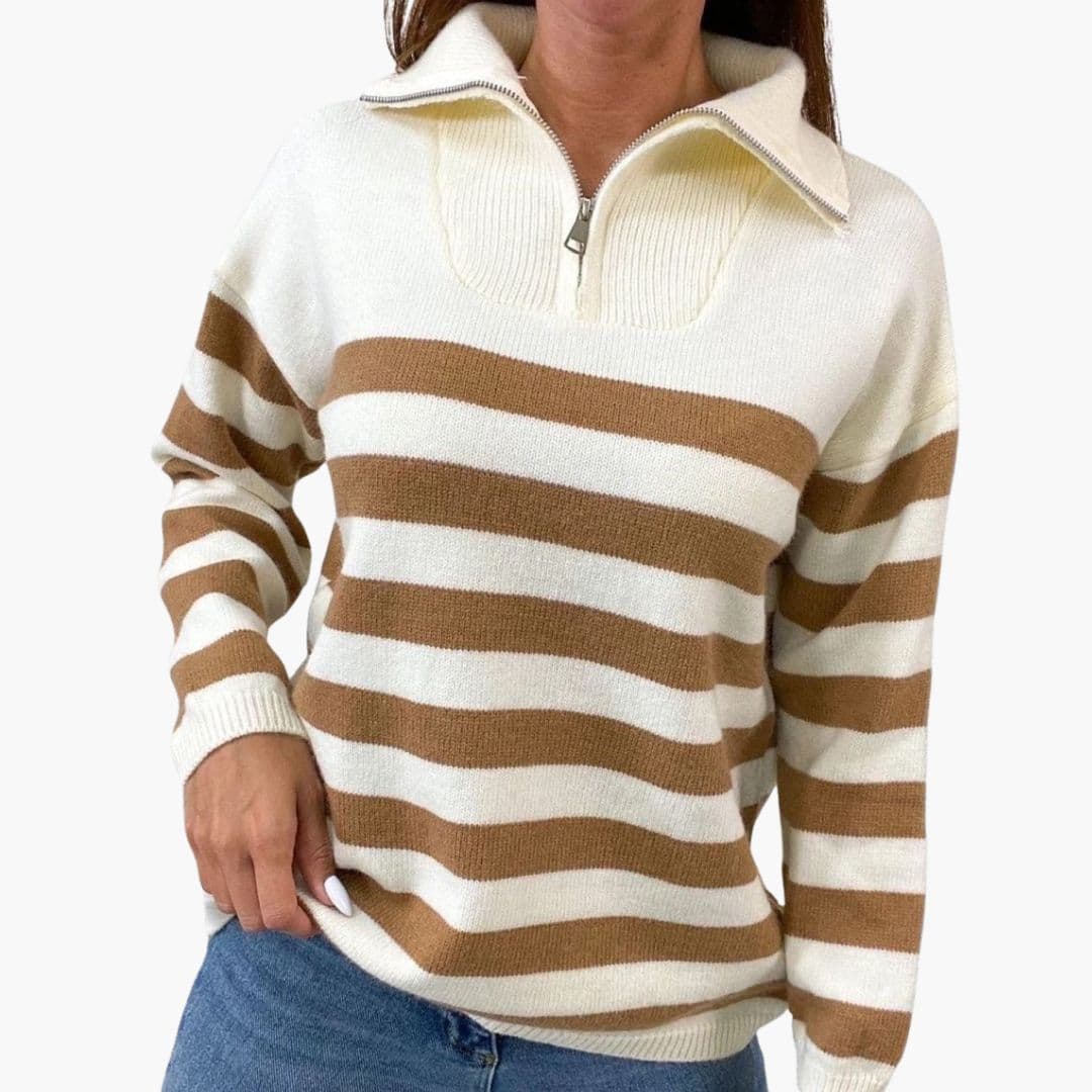 Women's striped pullover stand-up collar half-zip long sleeve bold horizontal pattern casual comfort