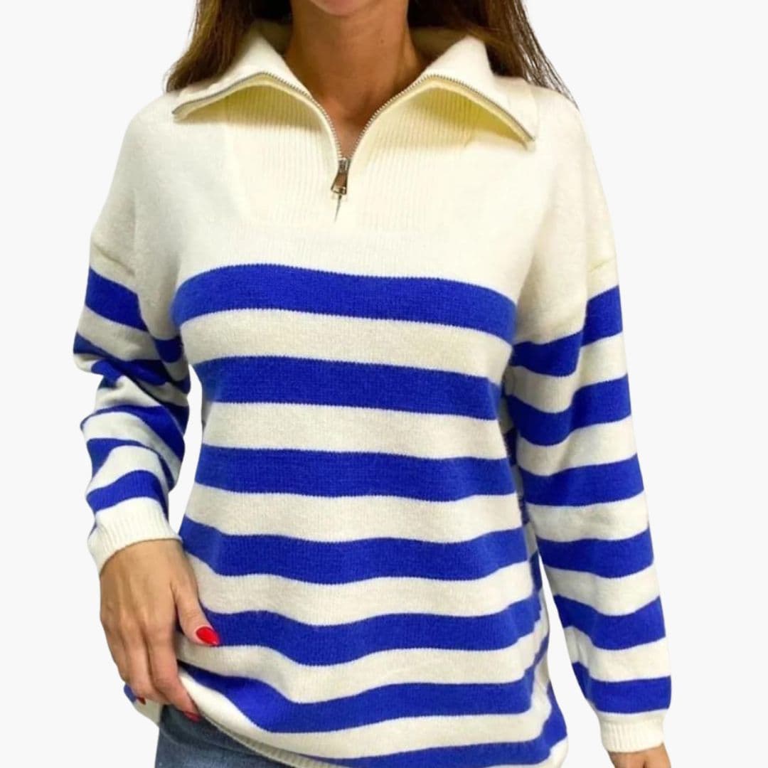 Women's striped pullover stand-up collar half-zip long sleeves bold horizontal pattern casual comfort