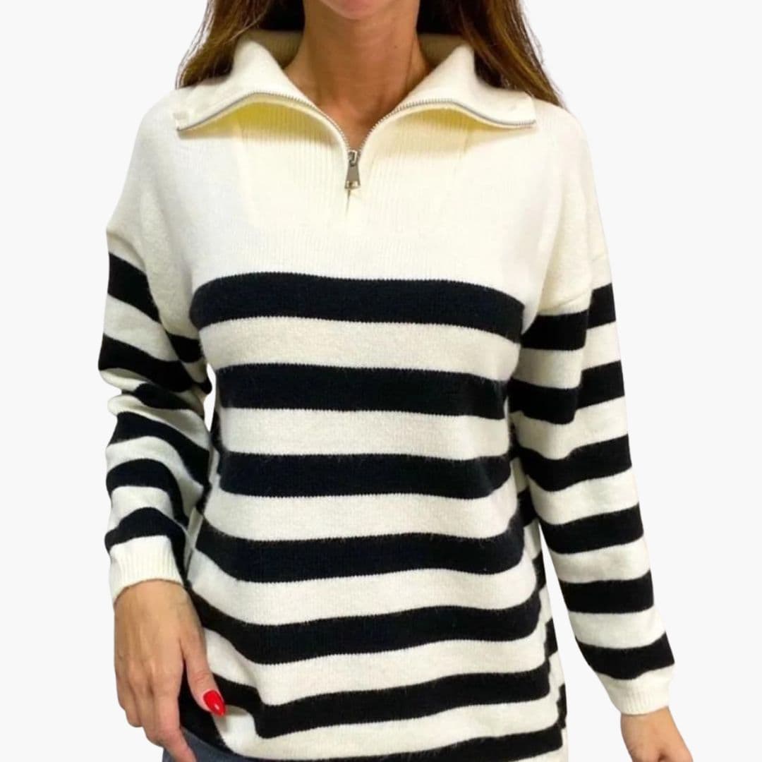 Women's striped pullover stand-up collar half-zip long sleeves bold horizontal pattern everyday casual
