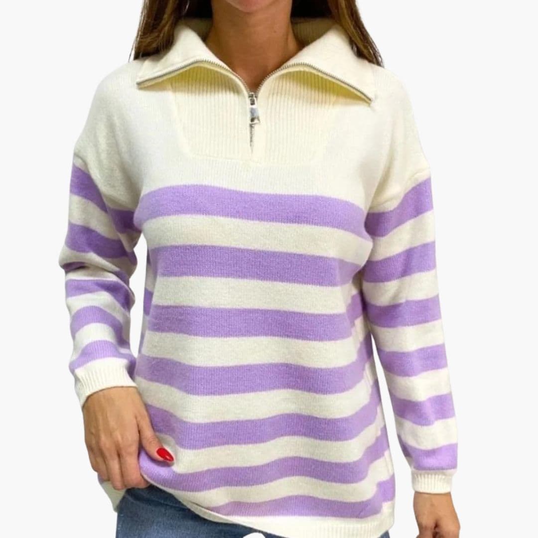 Women's striped pullover stand-up collar half-zip long sleeves bold horizontal pattern everyday casual