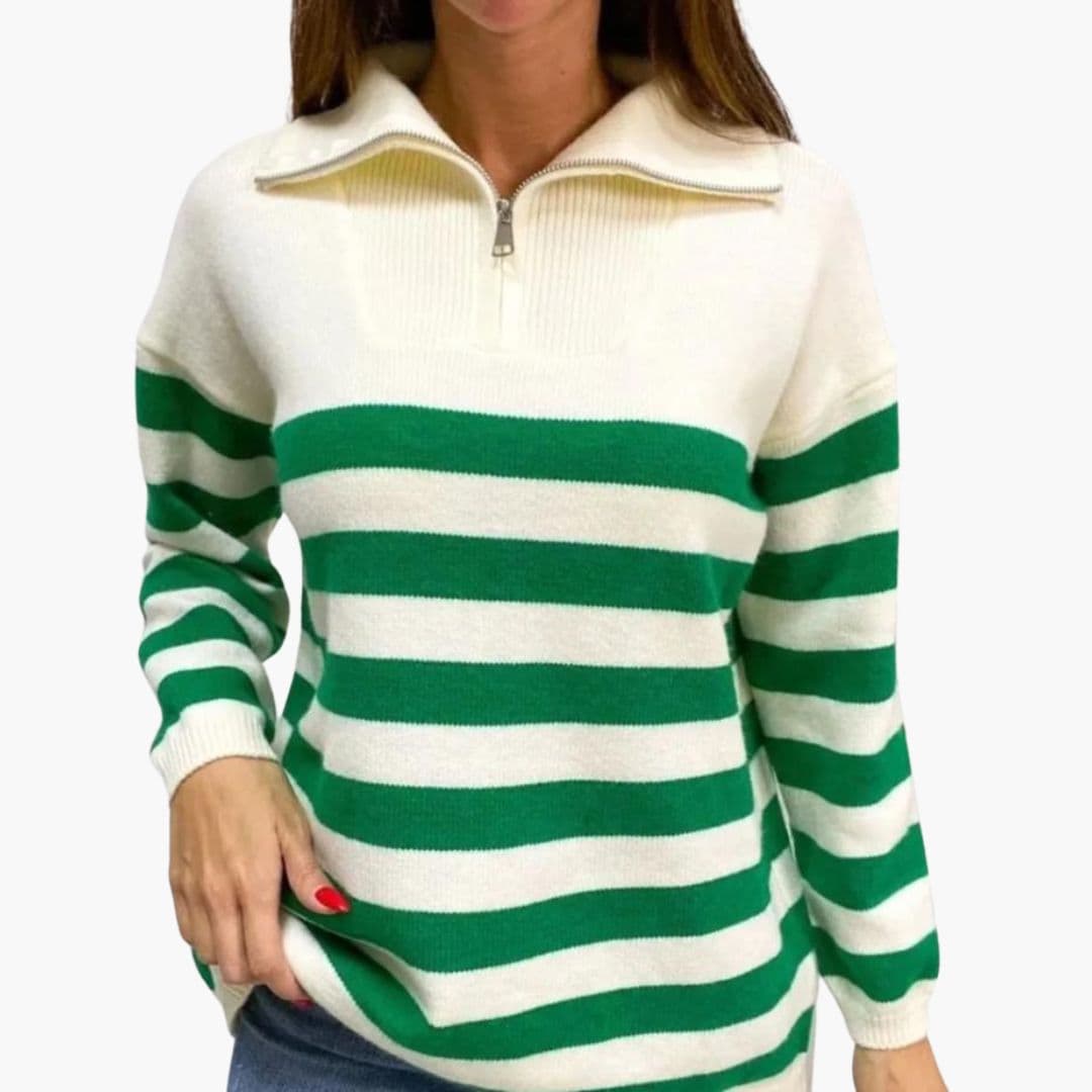 Women's striped pullover stand-up collar half-zip long sleeves bold horizontal pattern casual comfort